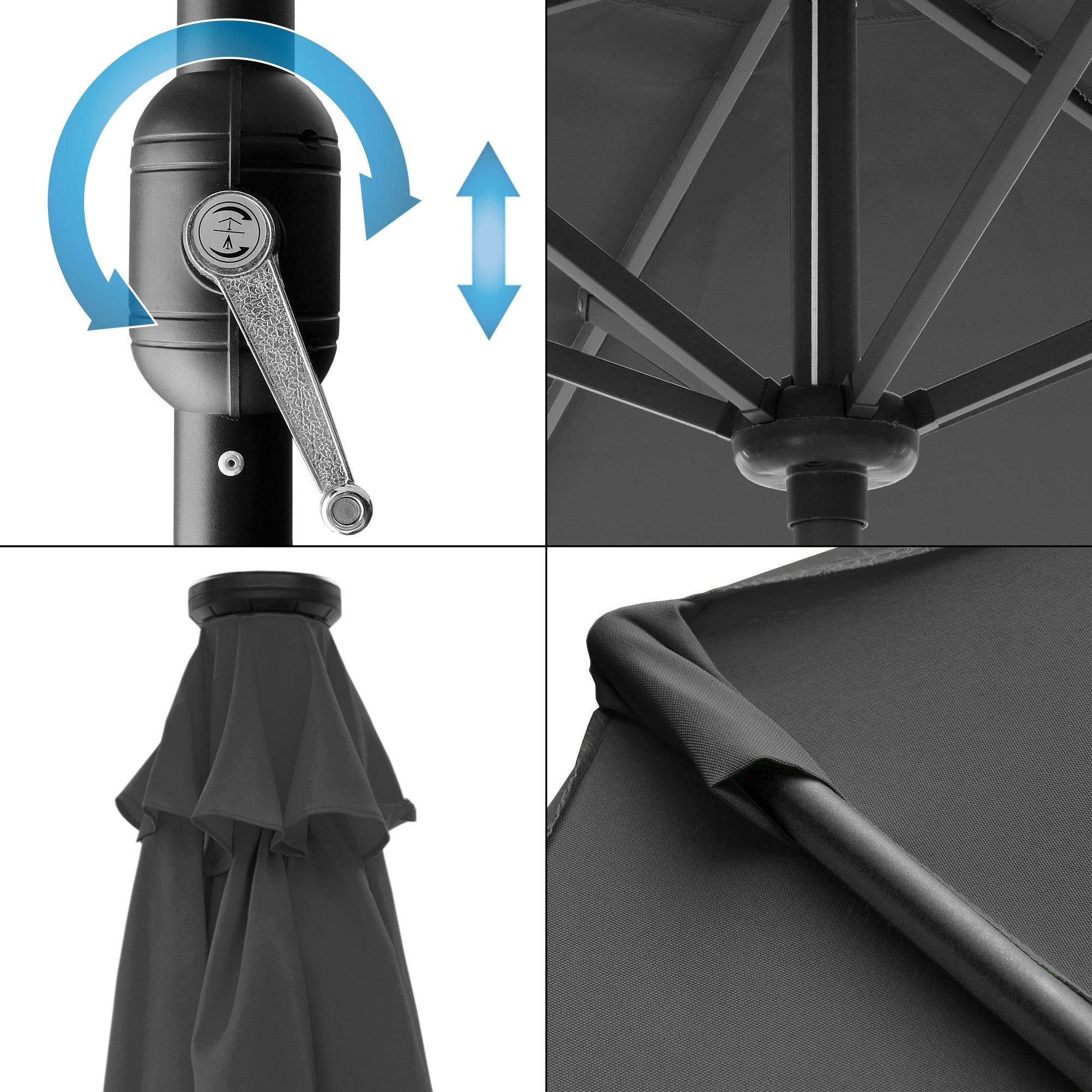 Detailed view of a parasol with crank mechanism and protective cover.