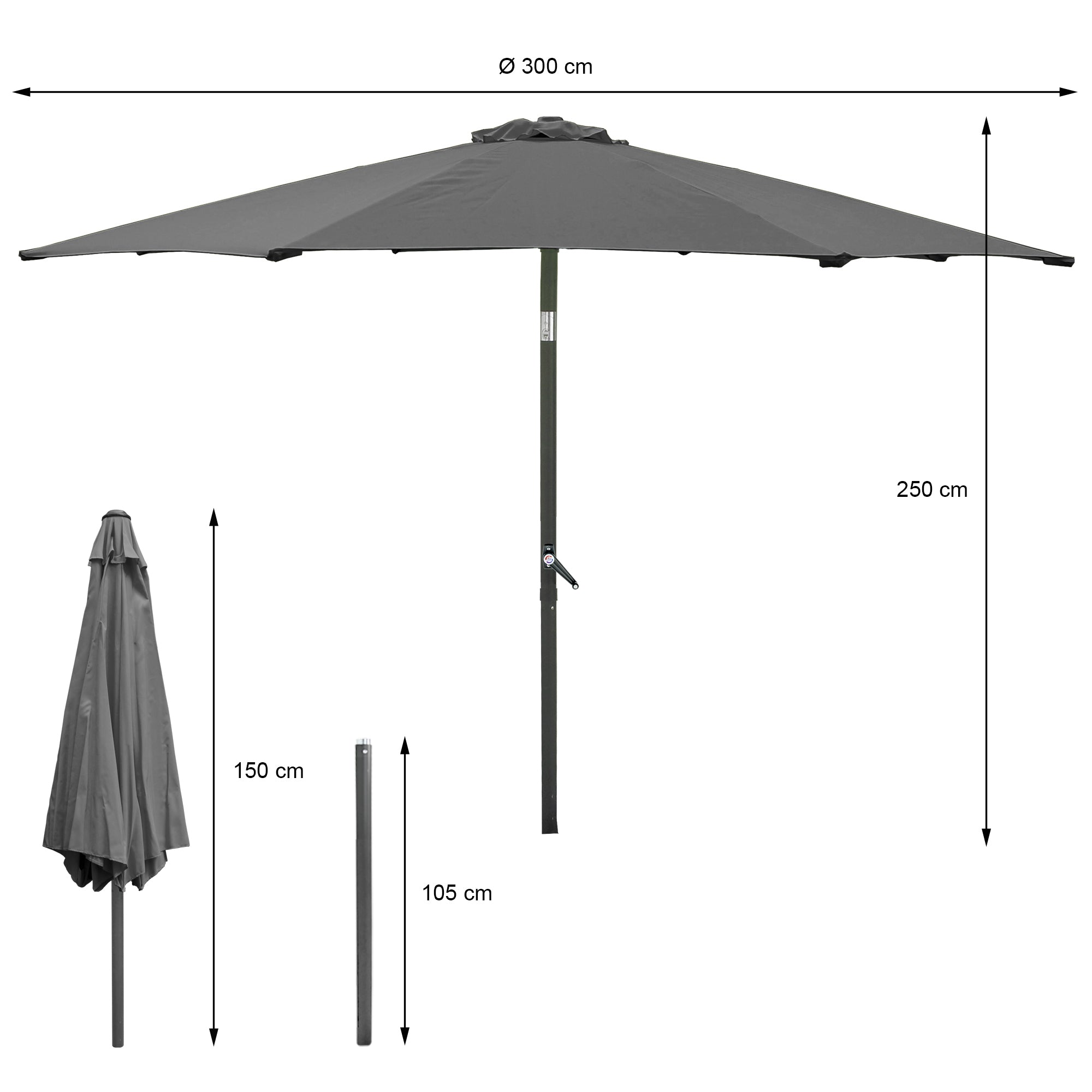 Maßzeichnung eines grauen Sonnenschirms mit Durchmesser und Höhe.