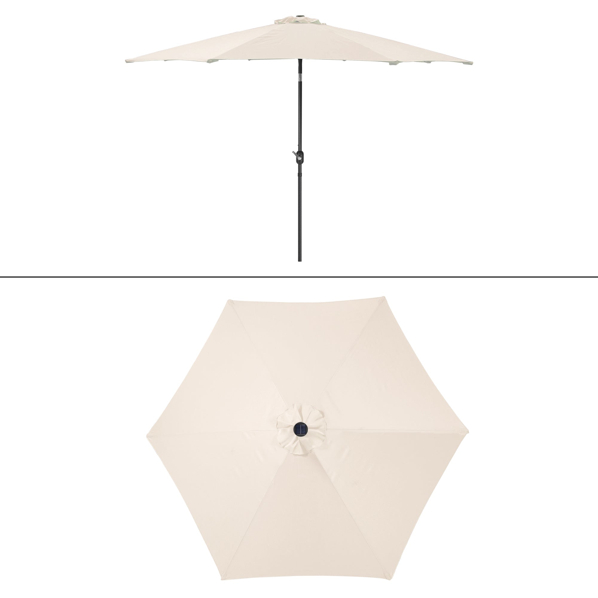 Ovenfra udsigt af en åben hvid parasol.