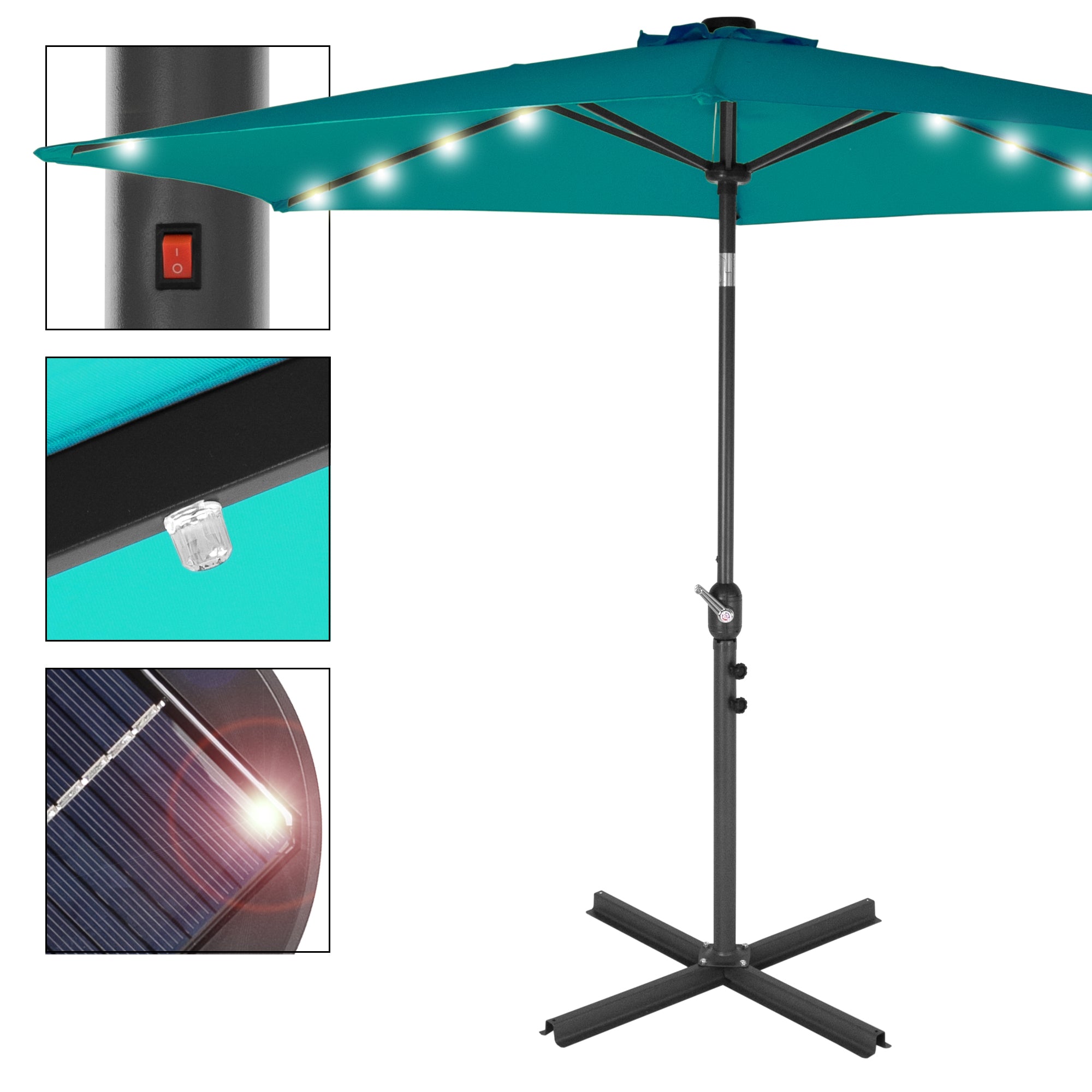 Türkisfarbener Sonnenschirm mit LED-Beleuchtung und Solarzelle.