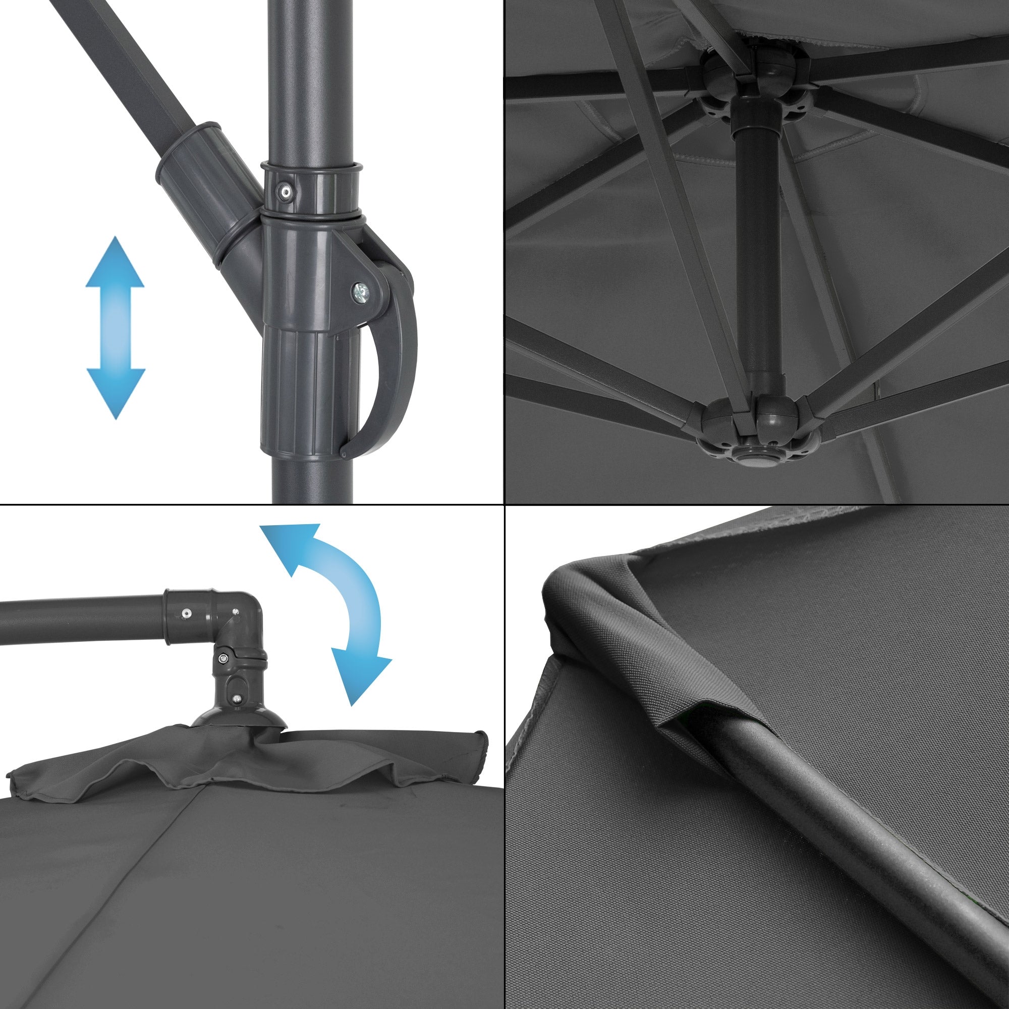 Close-up of the mechanics and fabric of a sun umbrella.