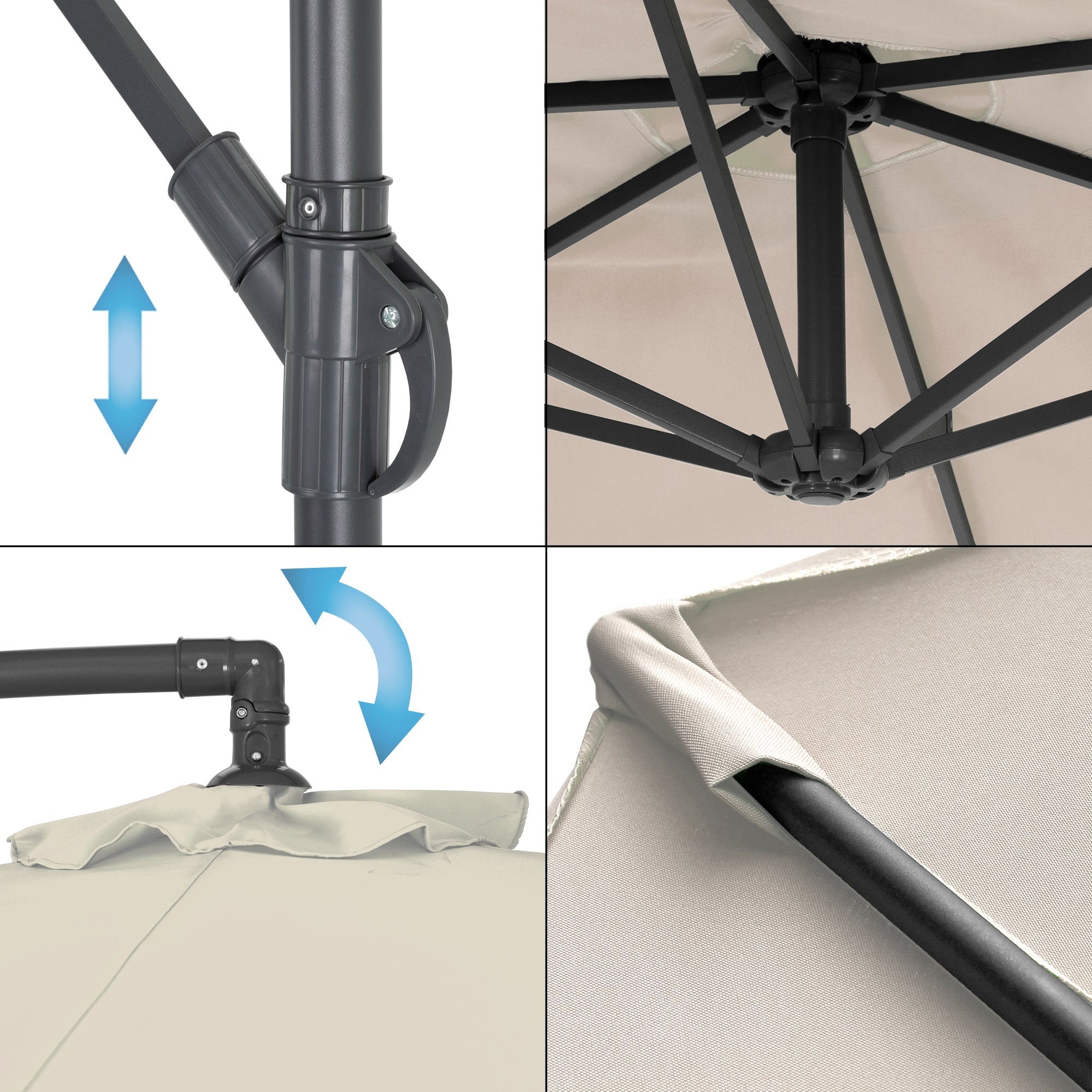 Detailní pohled na mechaniku slunečníku s klouby a látkou.
