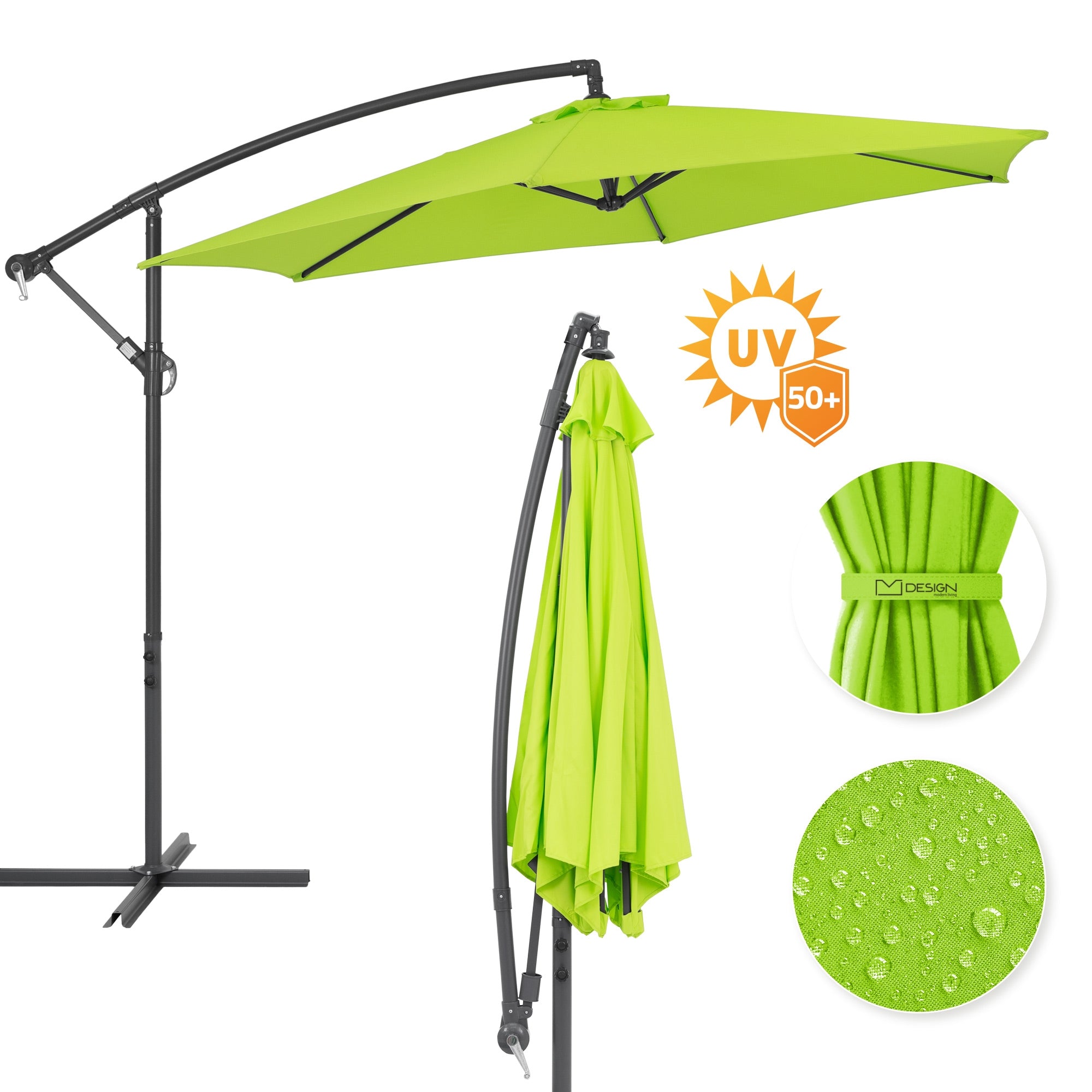 Green sunshade with UV protection, mounted on a frame, with tied cover.