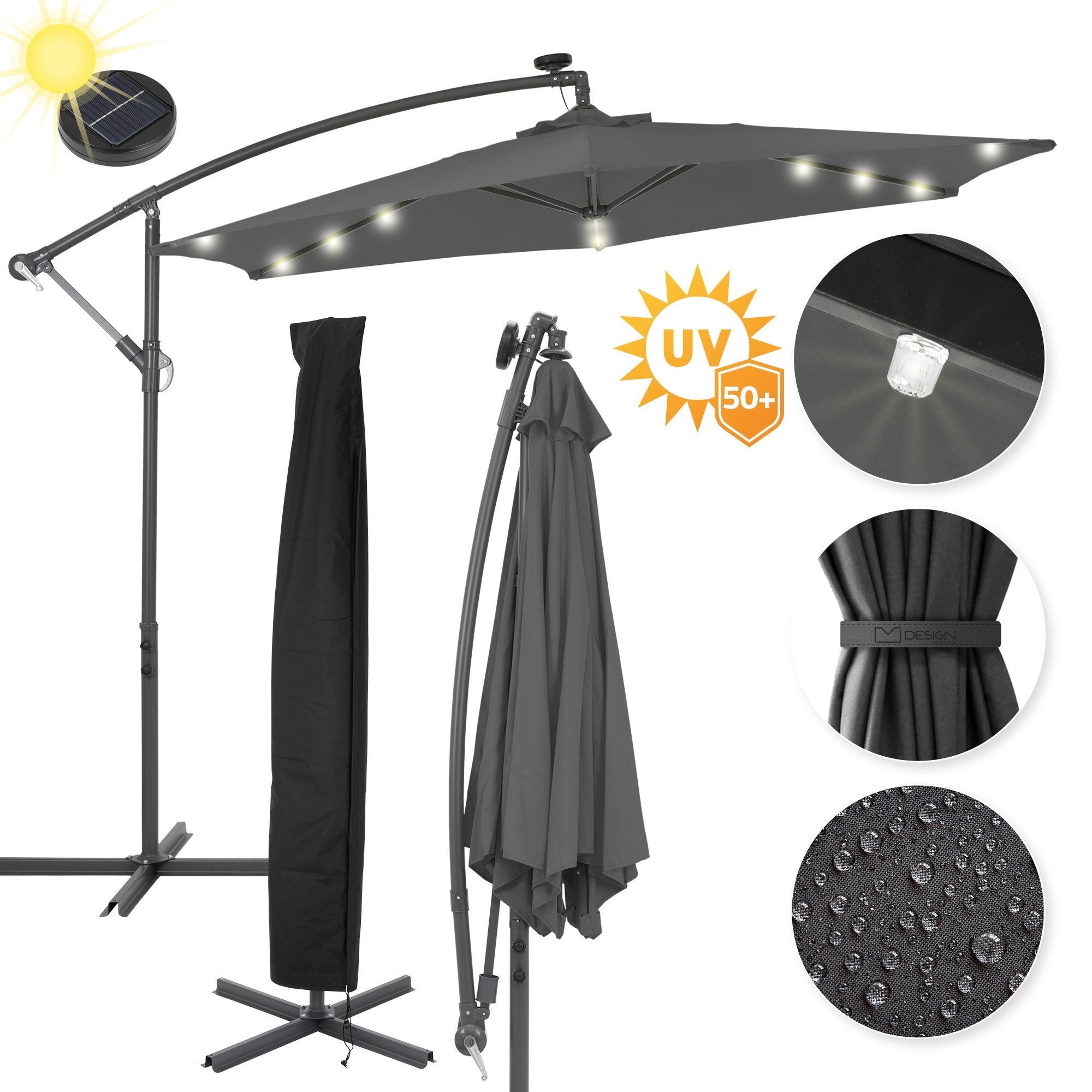 A sun umbrella with UV protection and protective cover, on a stable frame.