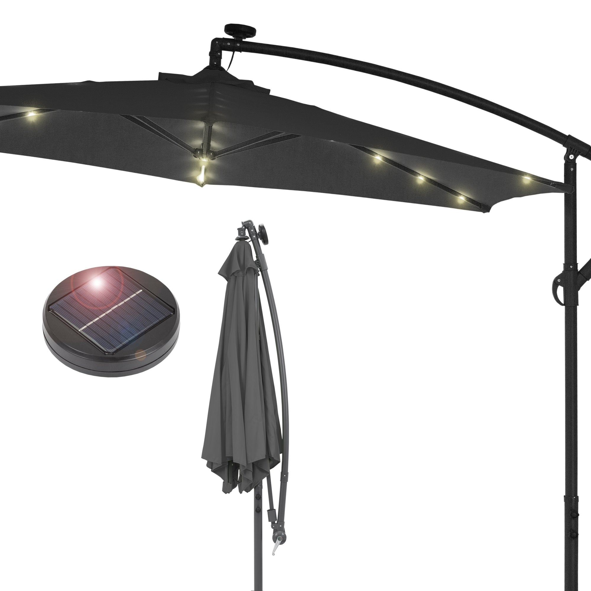 Dunkelgrauer Sonnenschirm mit LED-Beleuchtung und Solarpanel.