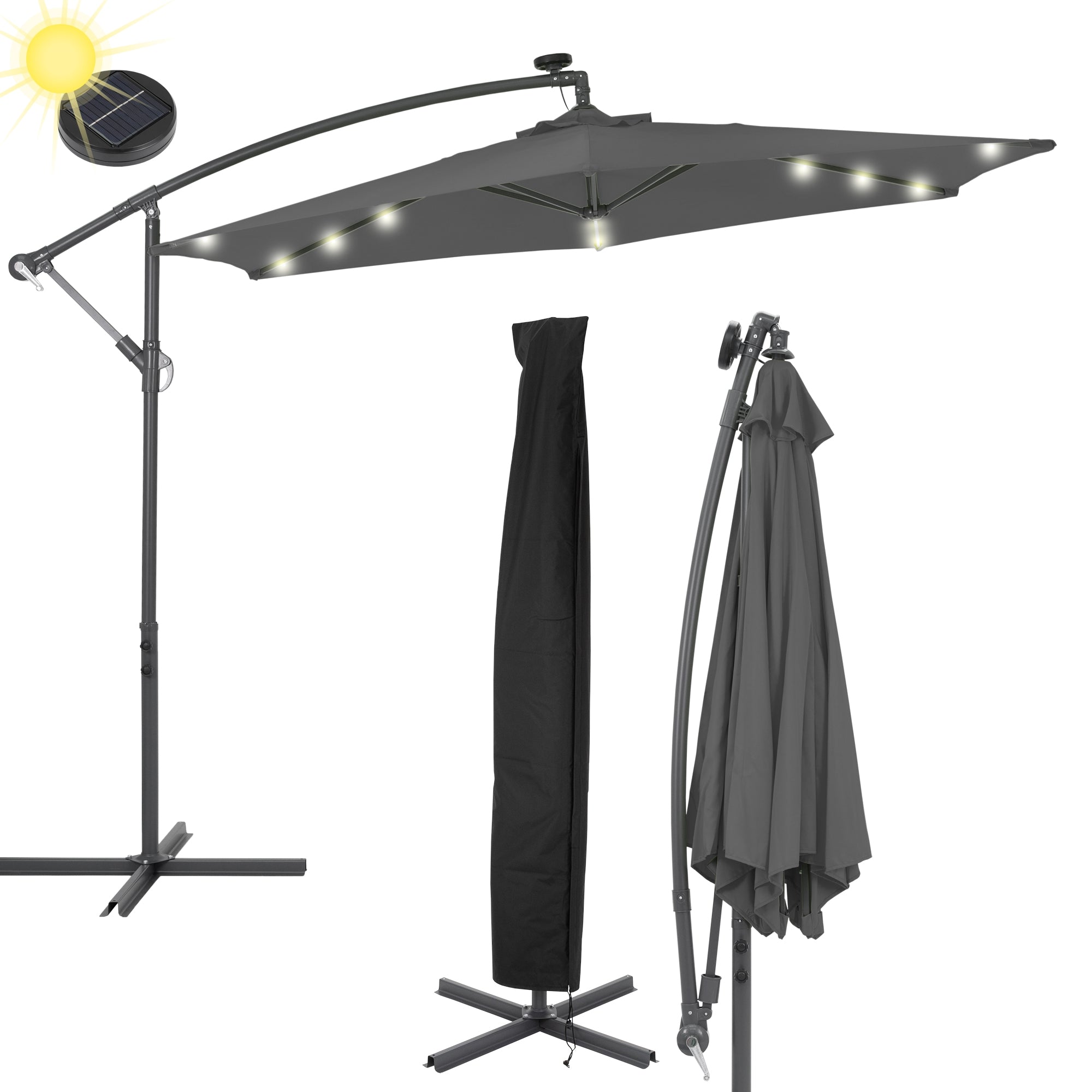 Sun umbrella in gray with LED lighting and protective cover.