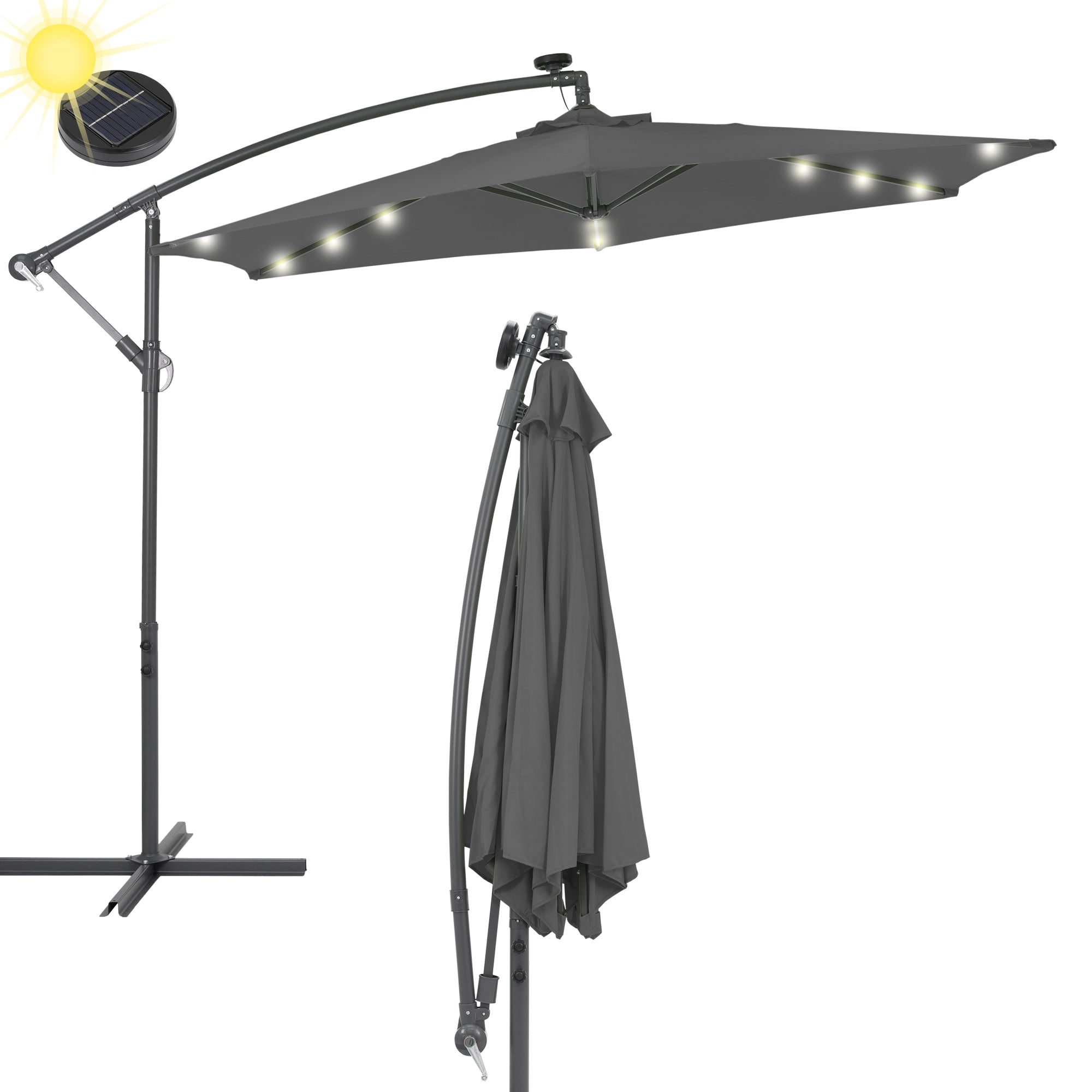 Sonnenschirm mit LED-Beleuchtung, auf einem Gestell montiert, und zusammenhängendem Stoff.