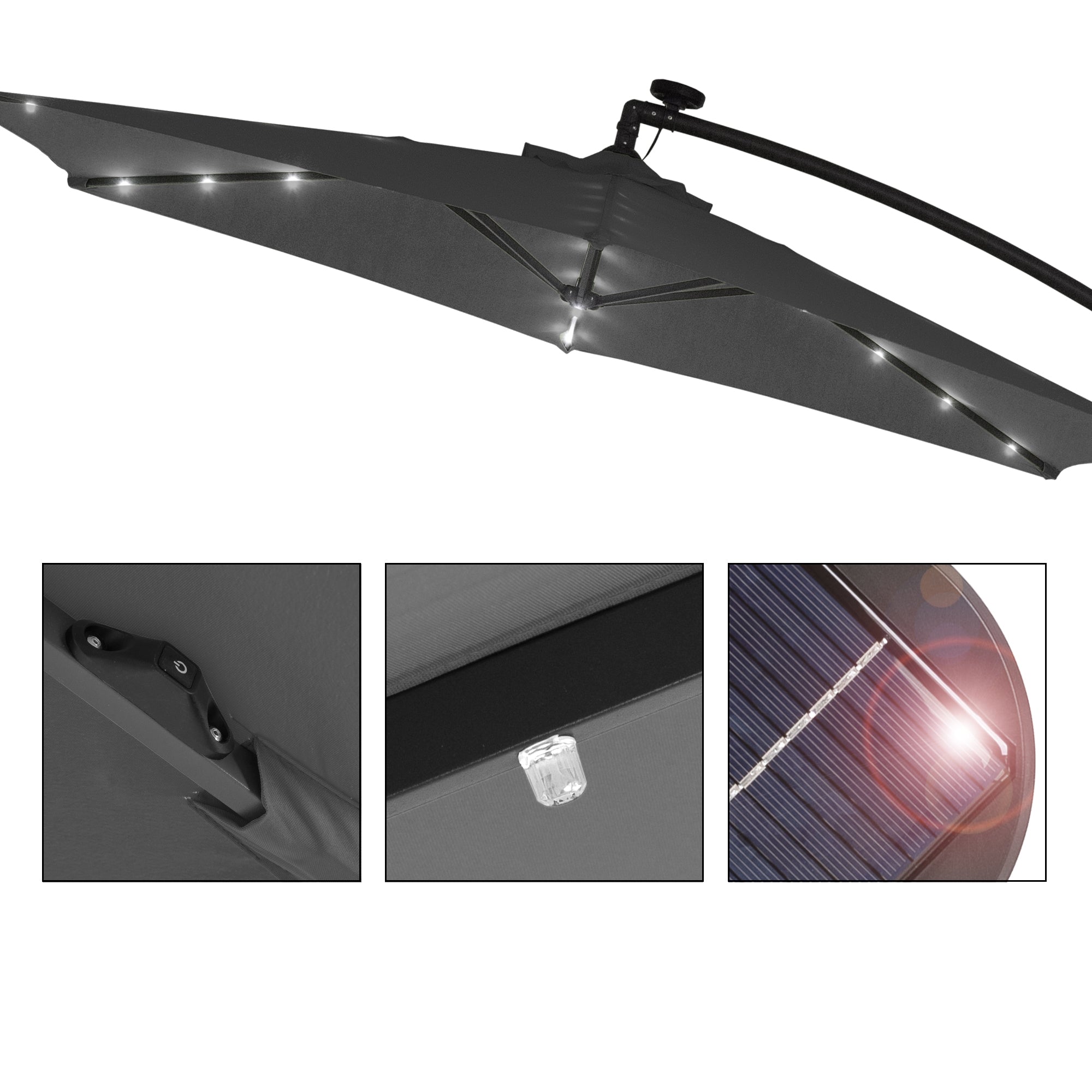 Umbrella with LED lighting, top view and details of the holder.