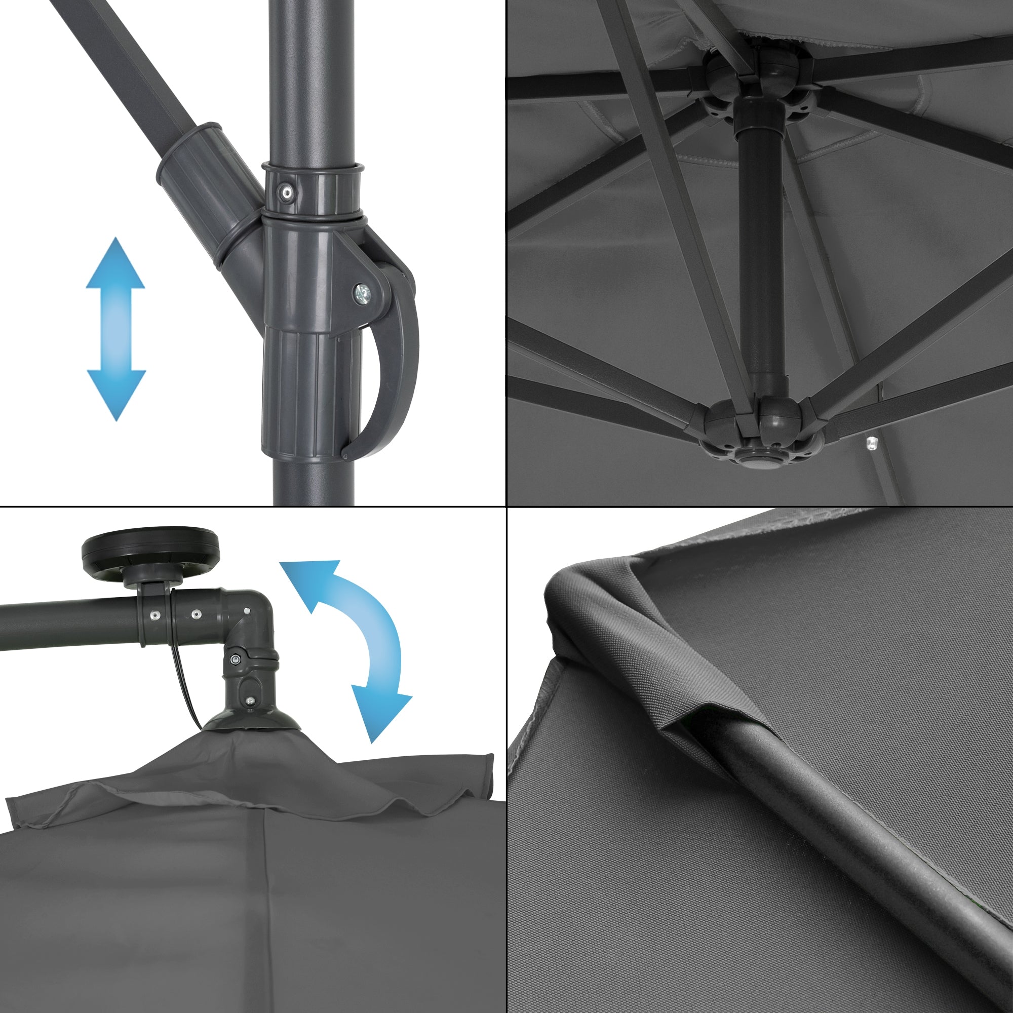 Close-up of the umbrella with adjustment mechanism and fabric details.