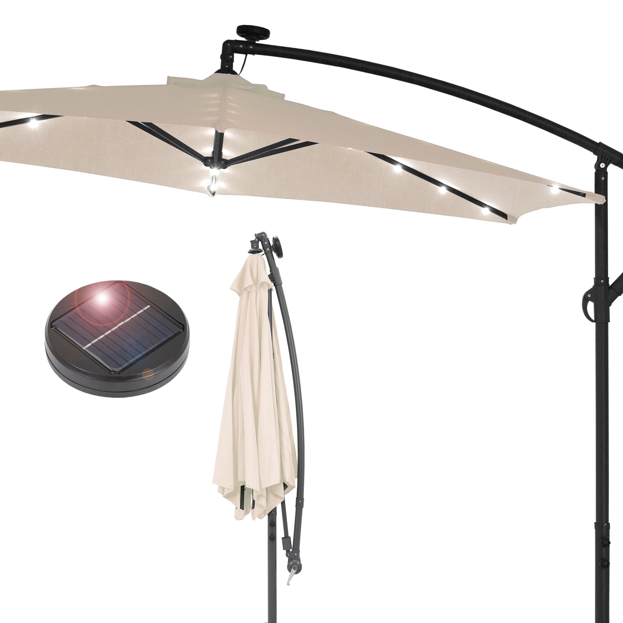 Sonnenschirm mit LED-Beleuchtung und Solarpanel.