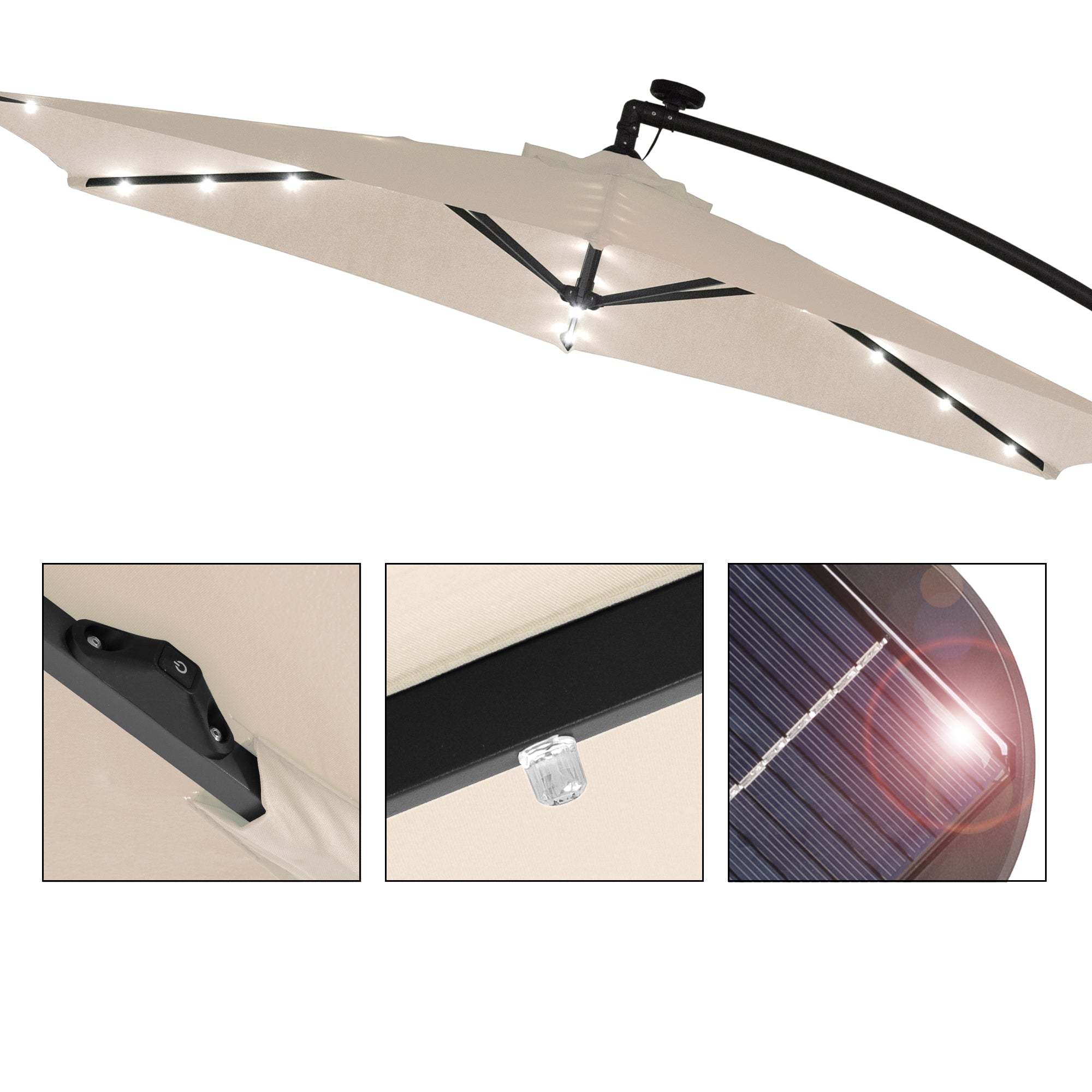 Detailansicht eines Sonnenschirms mit LED-Beleuchtung in beiger Farbe.