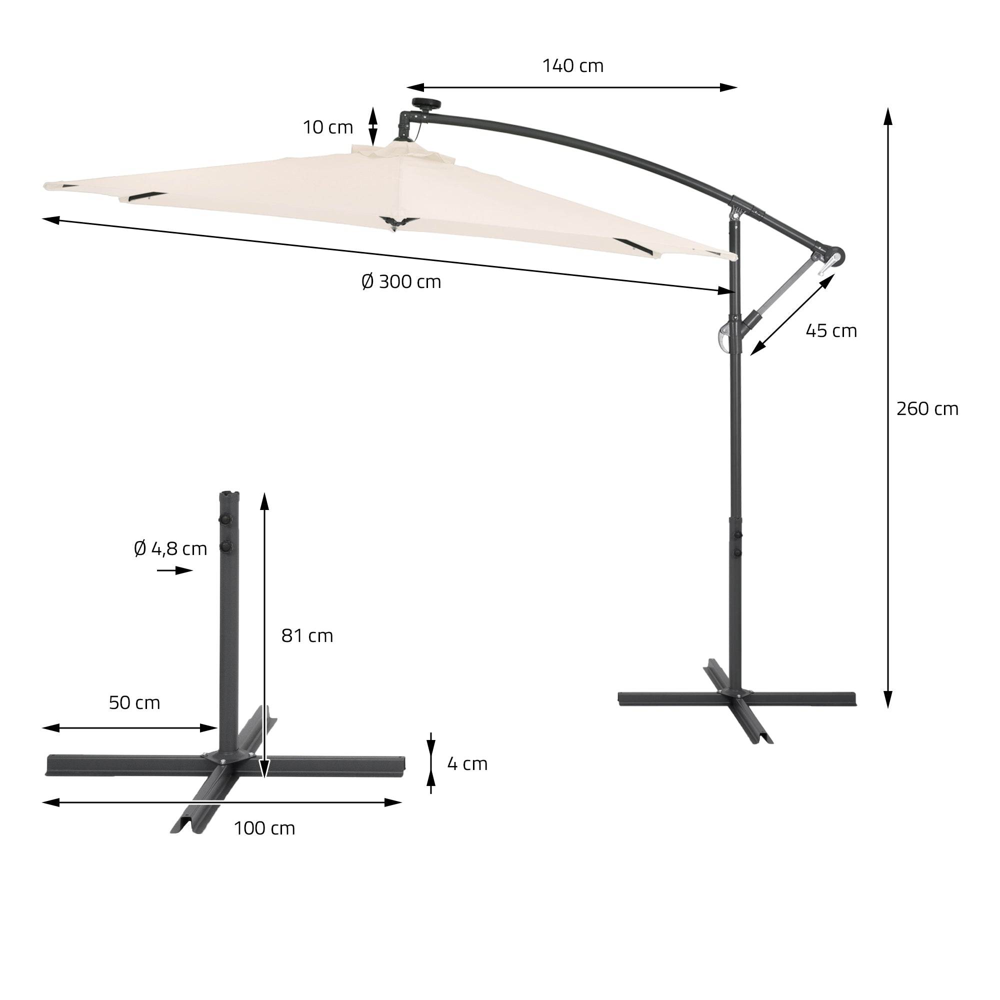 Technische Zeichnung eines Sonnenschirms mit Maßen und Details.