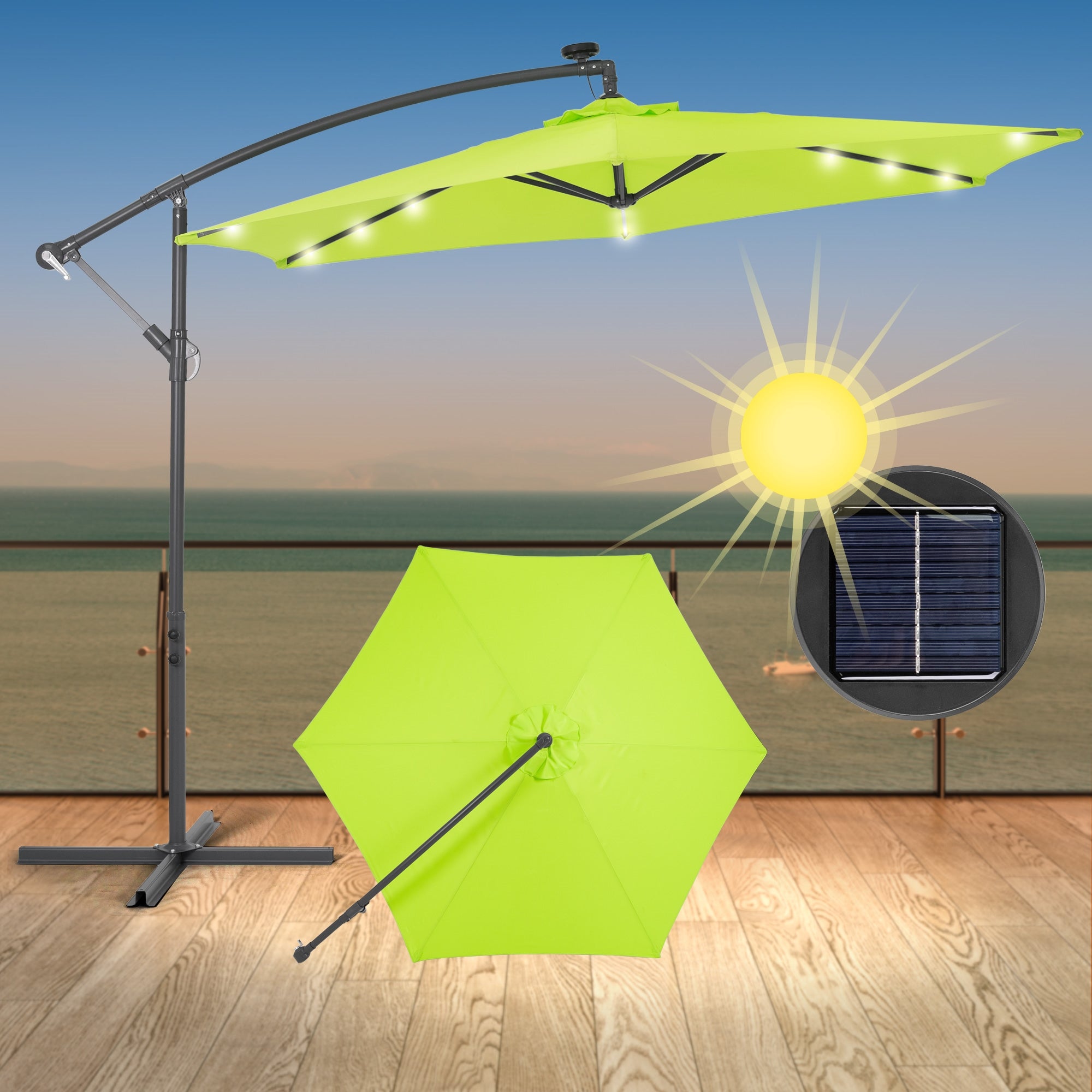 Grüner Sonnenschirm mit LED-Beleuchtung auf einer Terrasse.