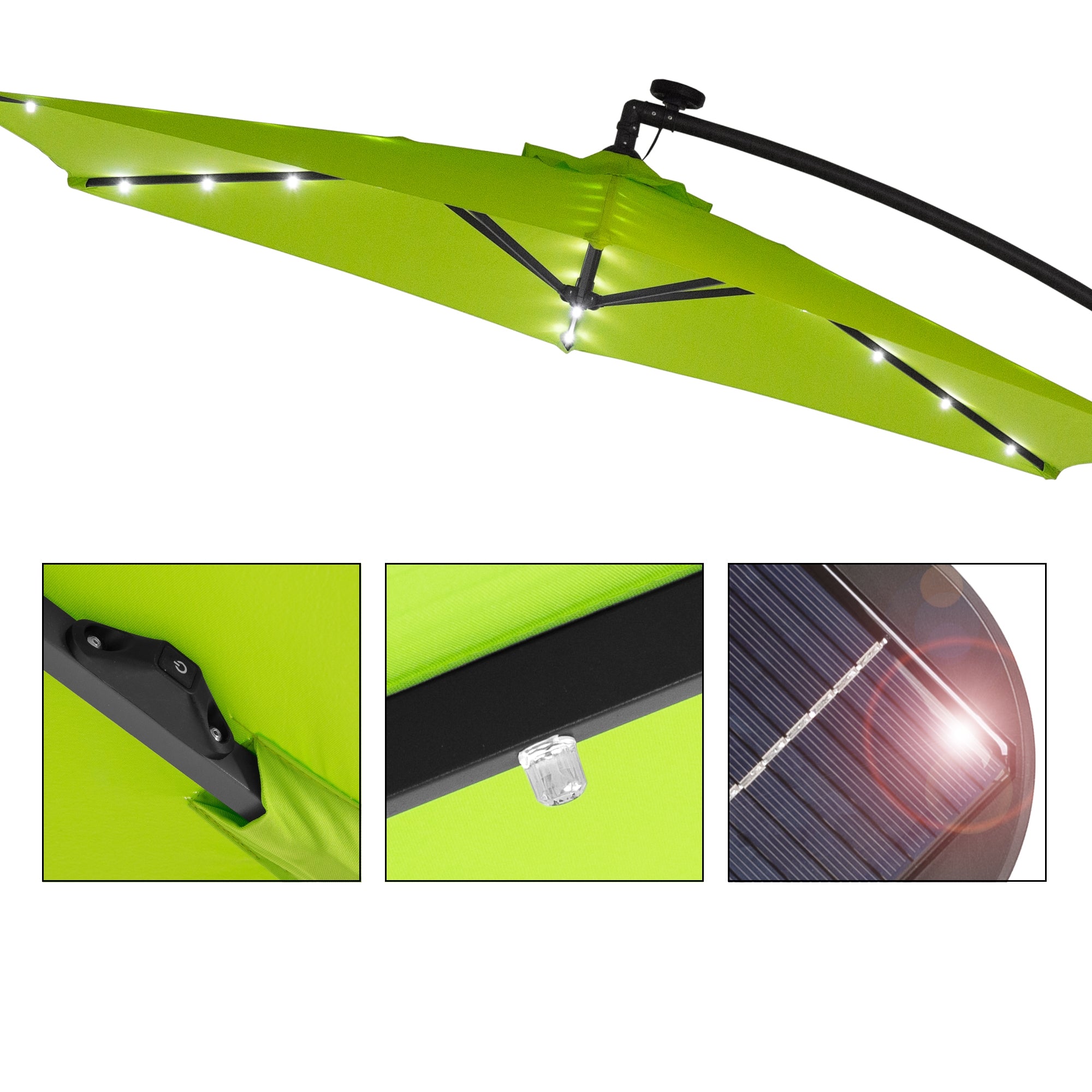 Close-up of the green sun umbrella with LED and solar panel.