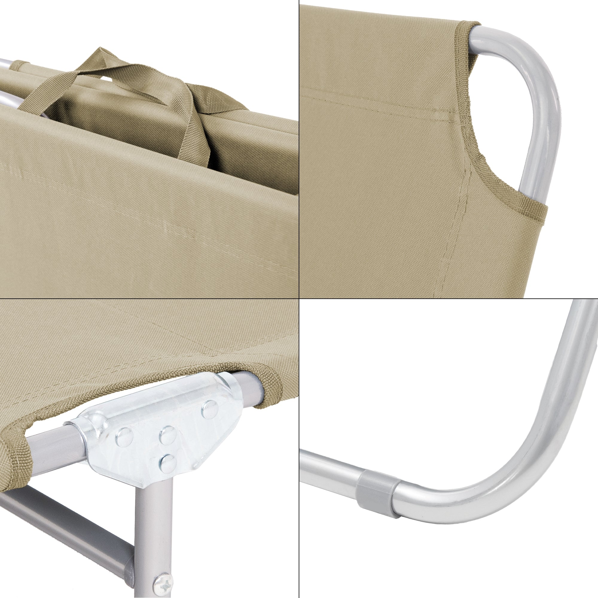Detailweergave van een opvouwbare ligstoel met aluminium frame en beige stof.