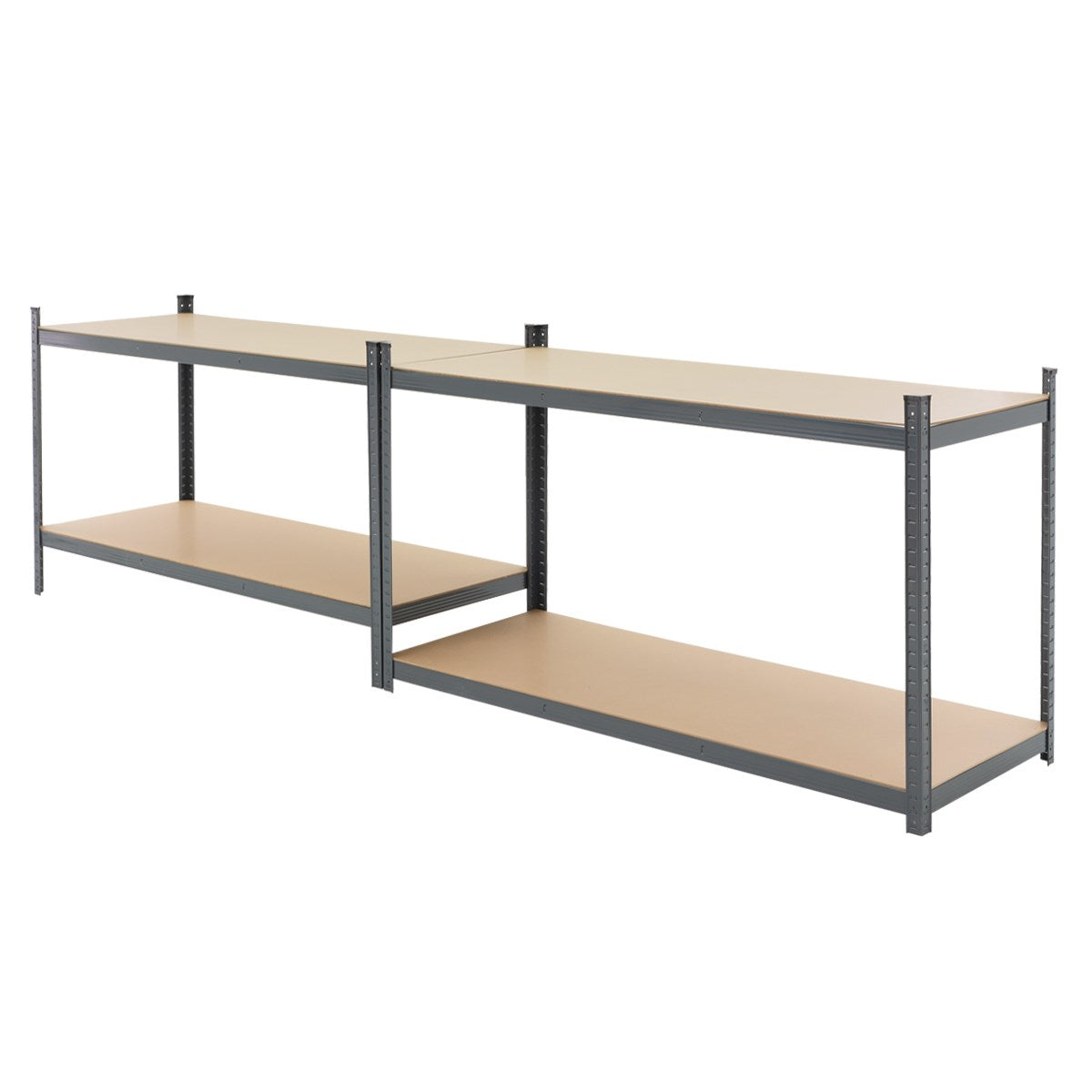 Scaffale con due ripiani, di colore grigio e con finitura effetto legno.