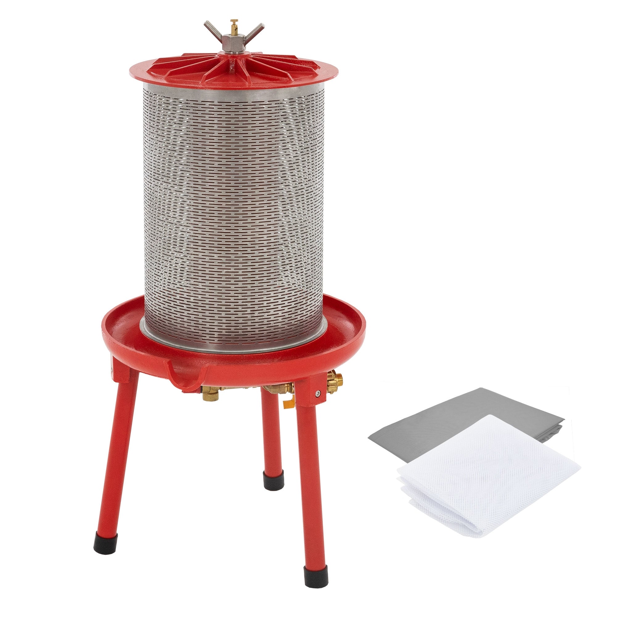 Filtre à huile rouge avec un treillis en métal et des accessoires sur un fond blanc.