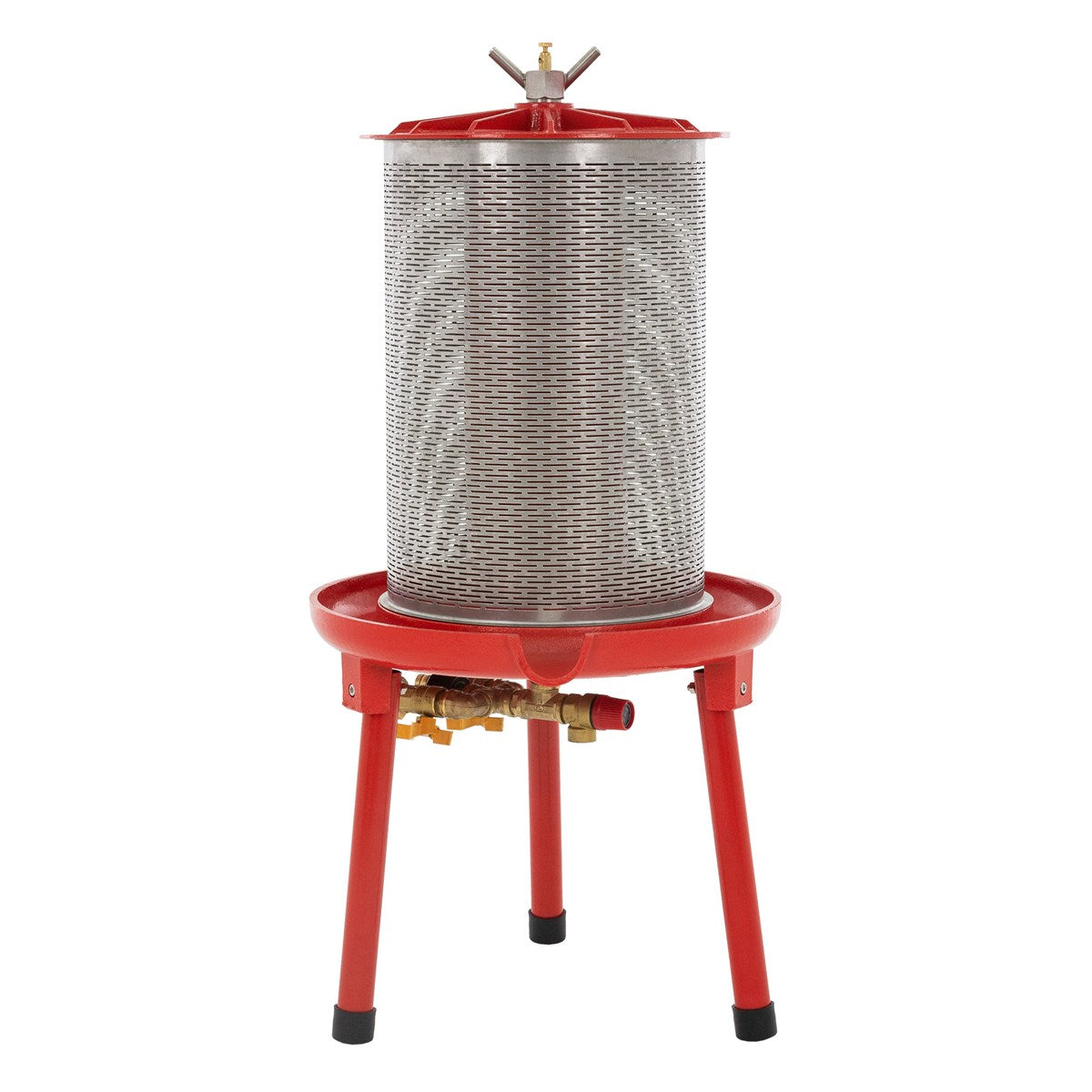 Un filtro de agua rojo con un depósito metálico cilíndrico y válvulas.