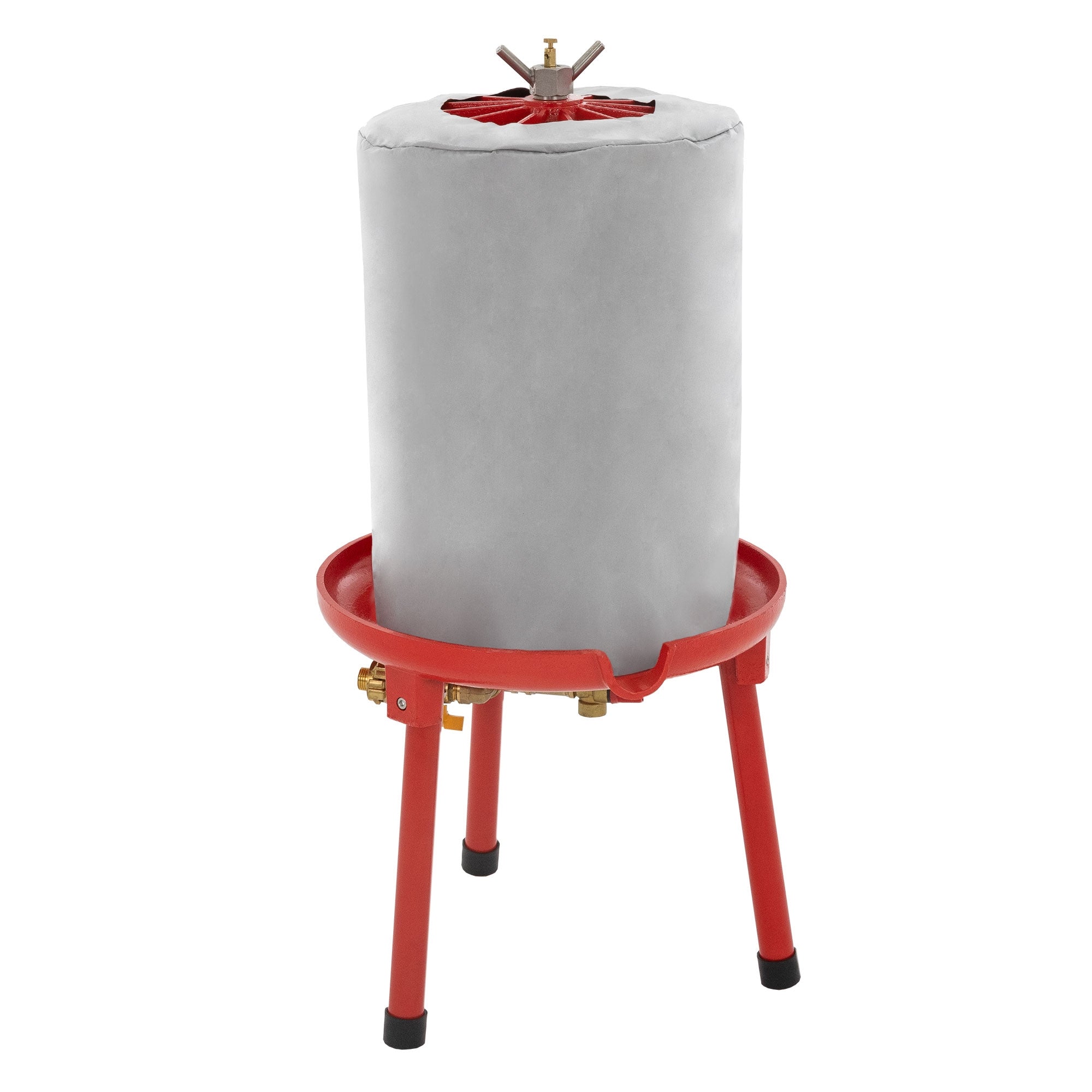 Un conteneur cylindrique gris sur un support rouge.