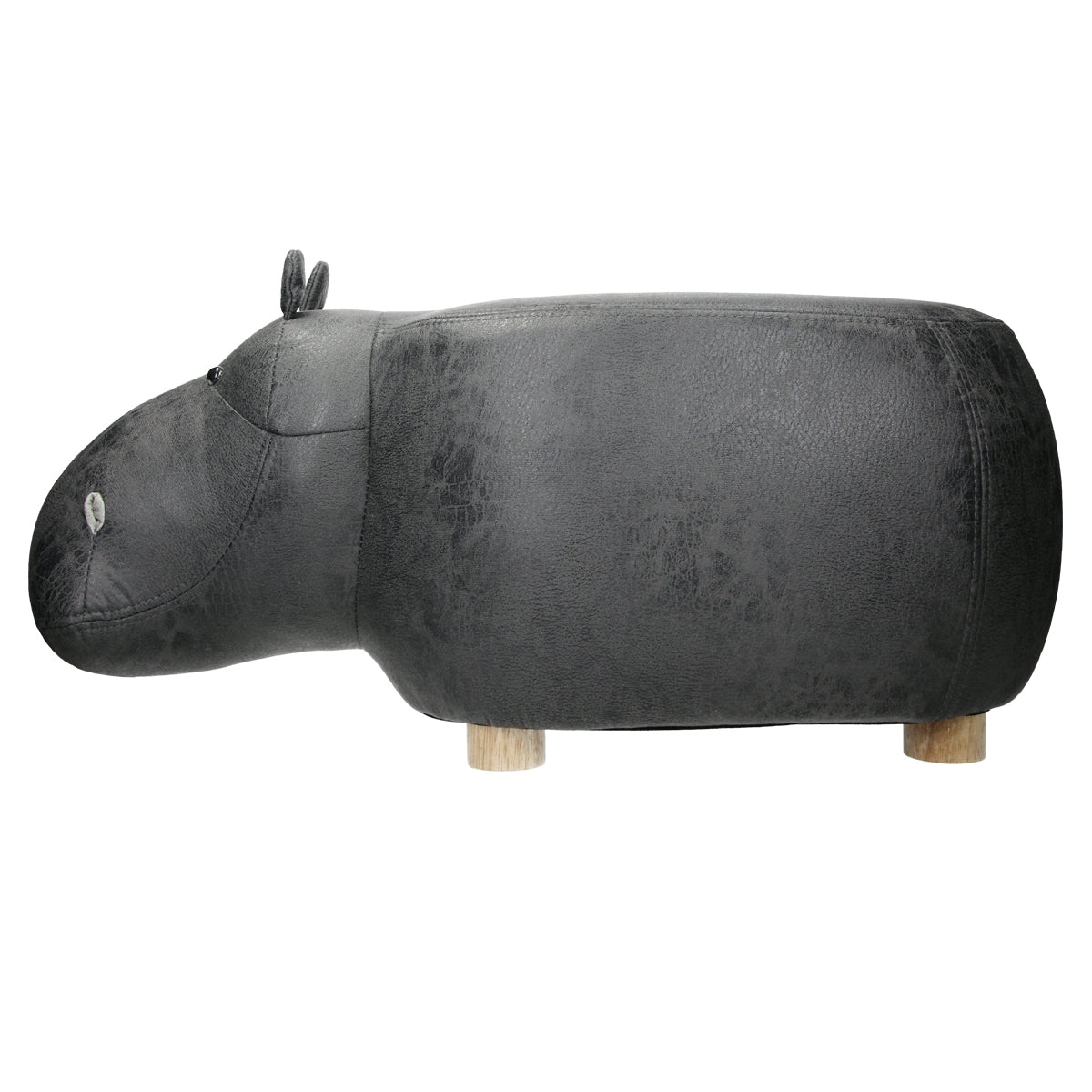 A black, padded animal model in the shape of a hippopotamus.