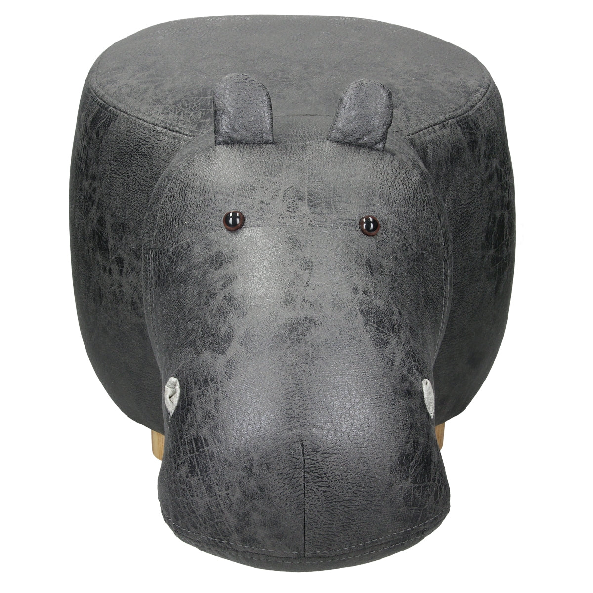 A stool in the shape of a hippopotamus, photographed from the front, made of black material.