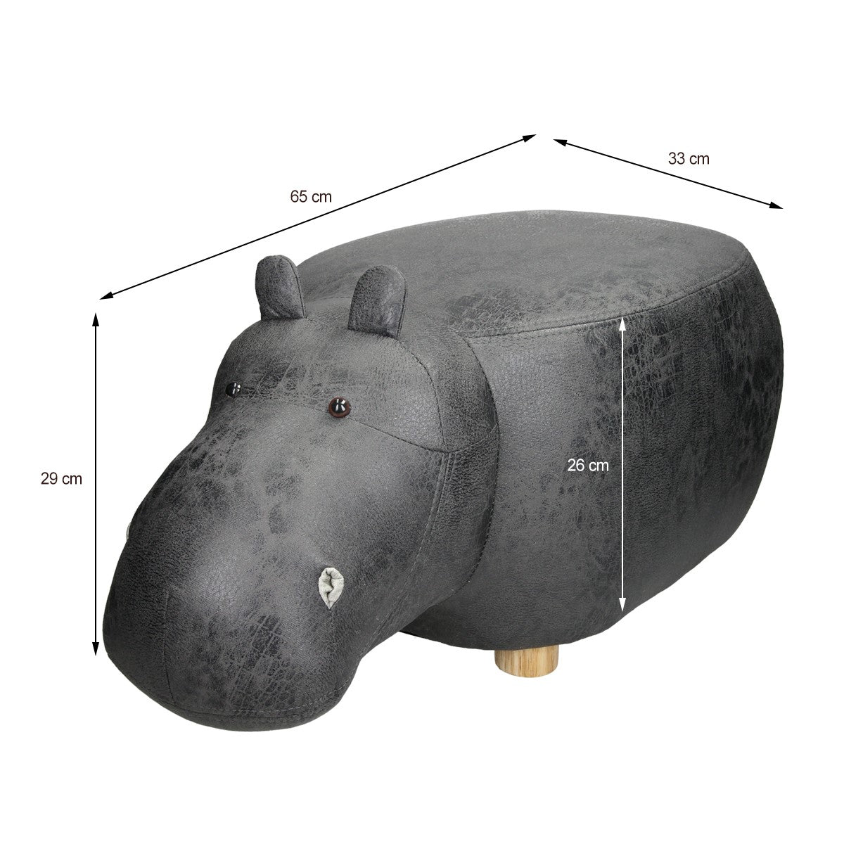 Taburet în formă de hipopotam, cu dimensiuni și picioare din lemn.