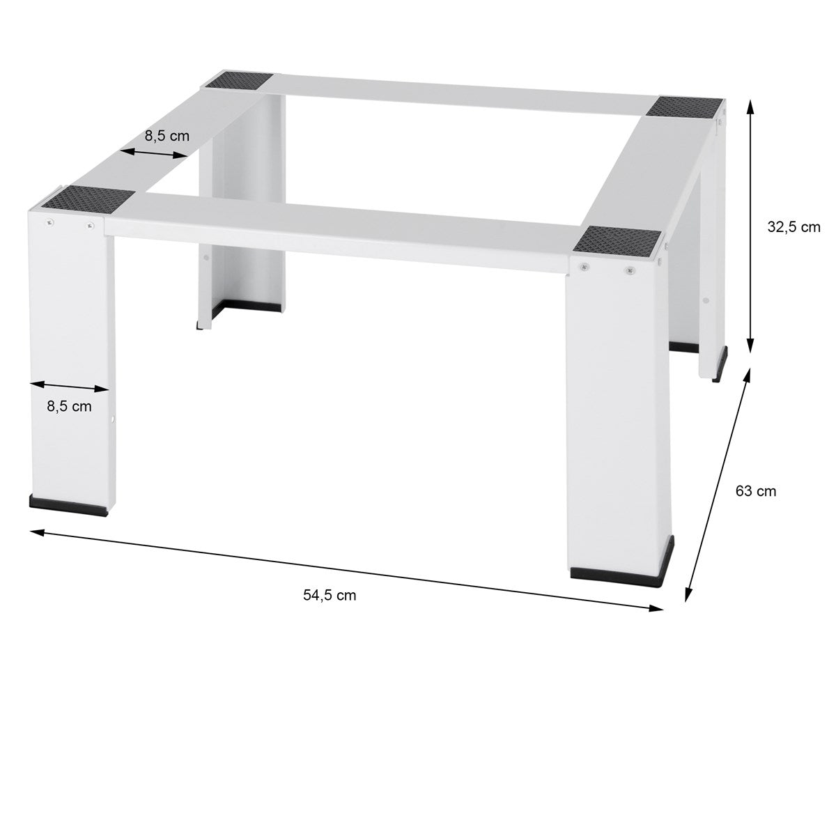 Mesa branca com tampo quadrado e quatro pernas, com dimensões indicadas.