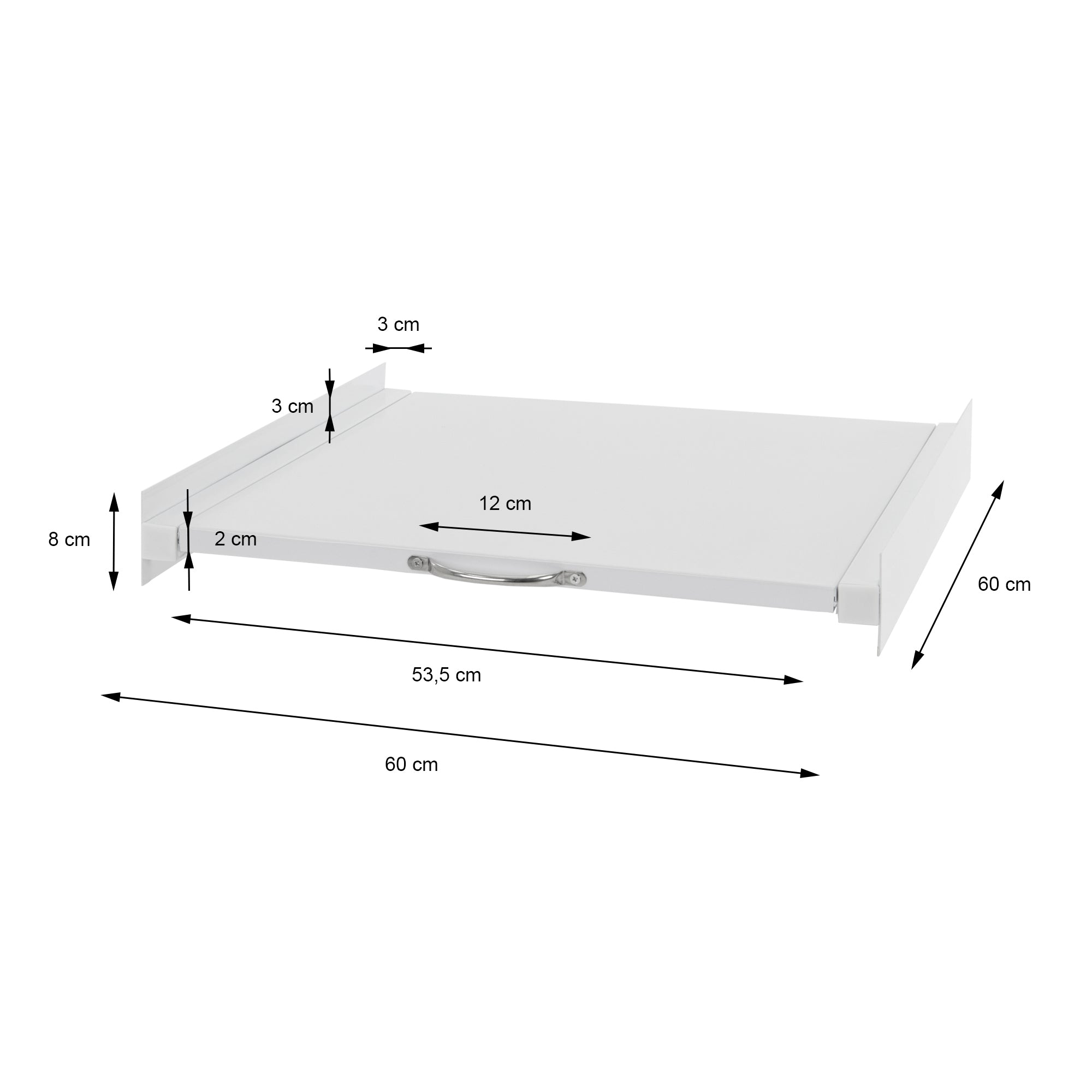Lade met handvat en maatgegevens.