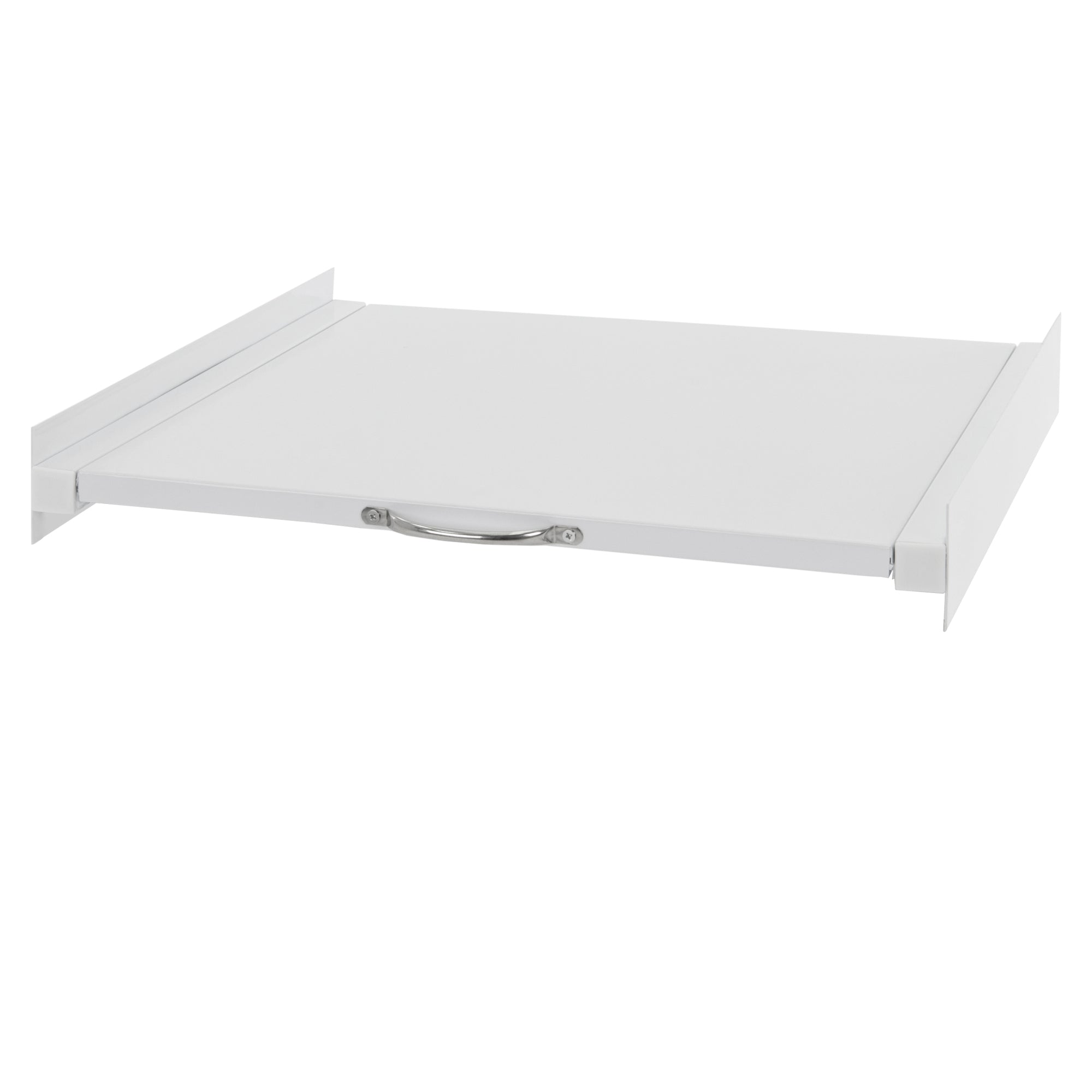 Een uitschuifbare, witte tafel met een handvat.