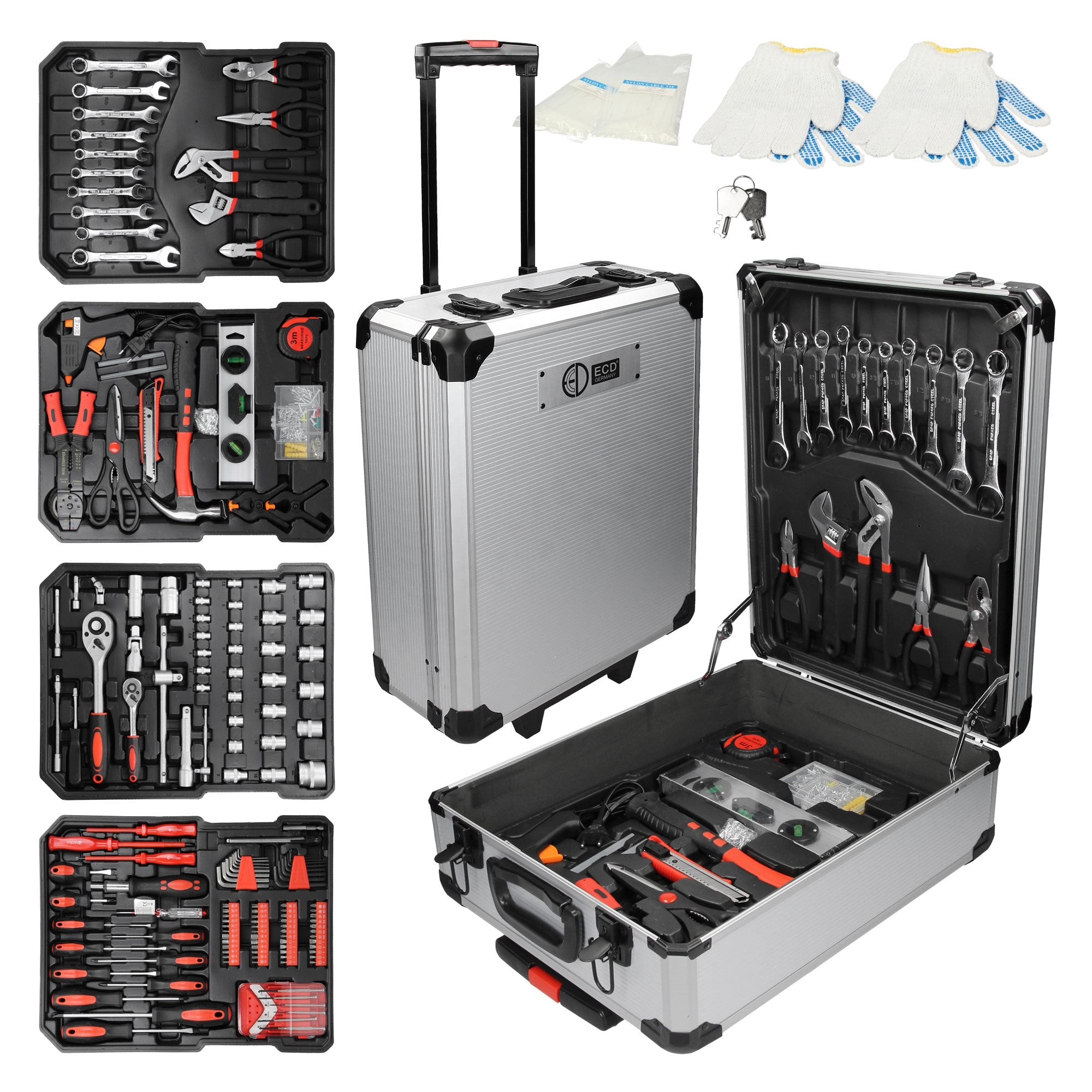 Toolbox with various tools, opened and closed, on a table.