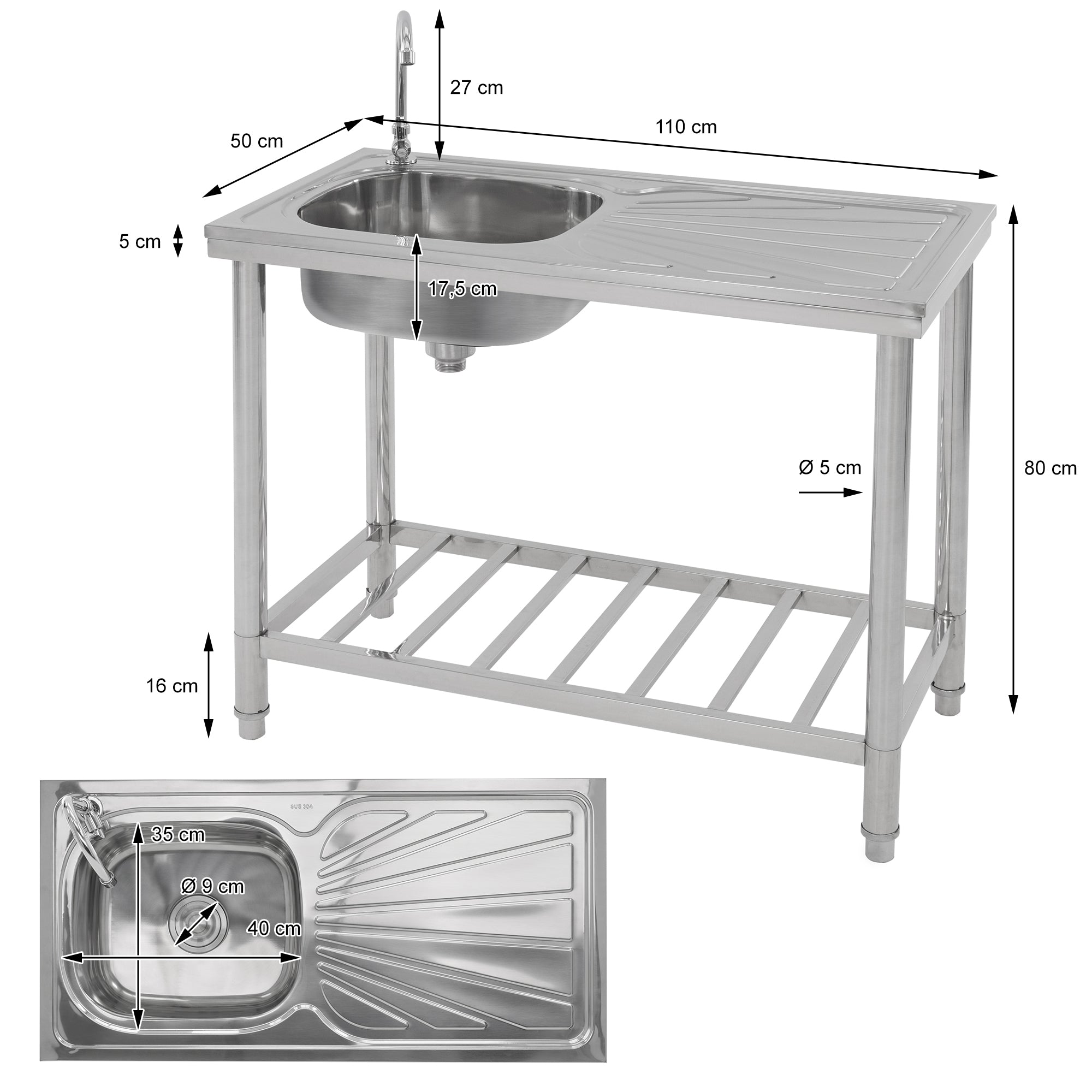 A stainless steel sink with dimensions and a draining area.