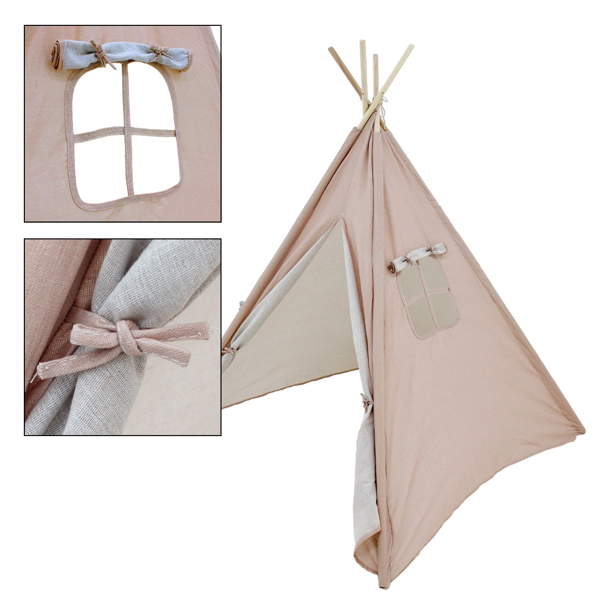 Beige Zelt mit Fenster und Knotenverschluss.