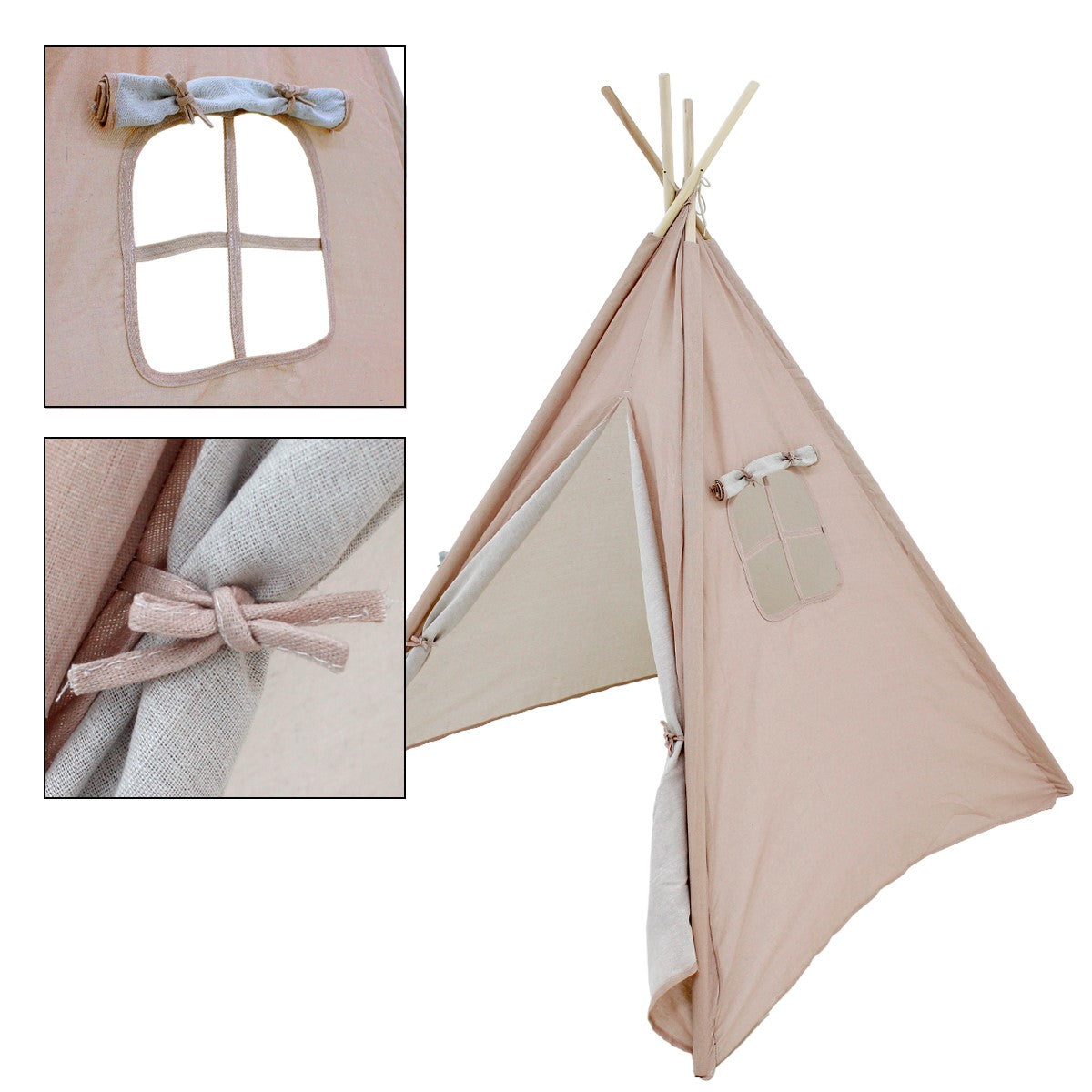 Beige tent met raam en knoopsluiting.