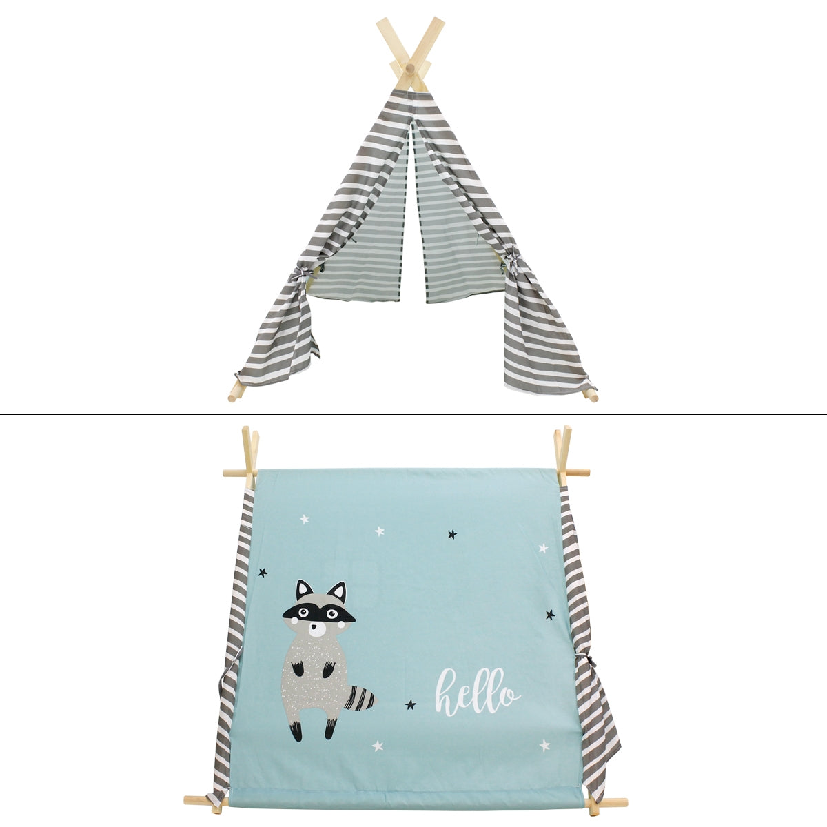 Zelt mit Waschbär-Motiv, grau und blau, obere und untere Ansicht.