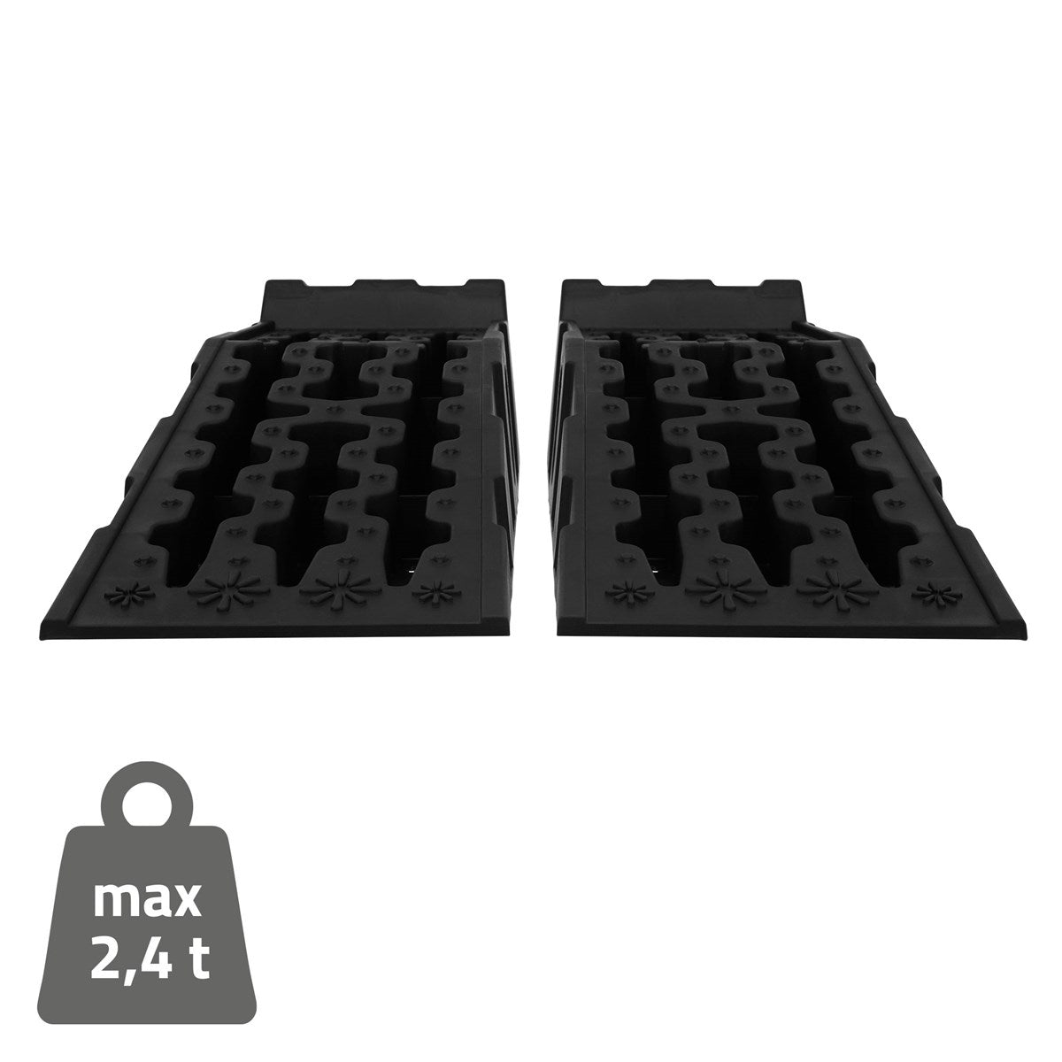 Zwei schwarze Rampen mit rutschfester Oberfläche, max. Traglast 2,4 t.
