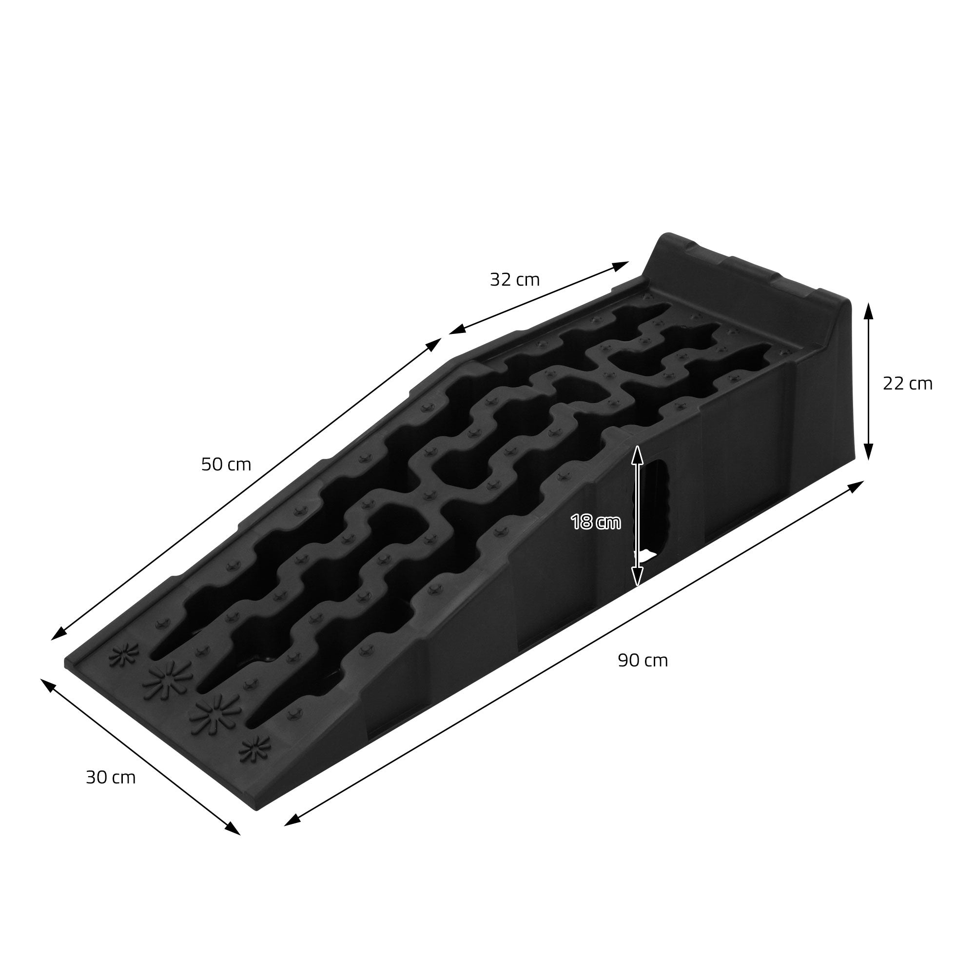 Schwarze Rampe mit rutschfester Oberfläche, Maße sind angegeben.