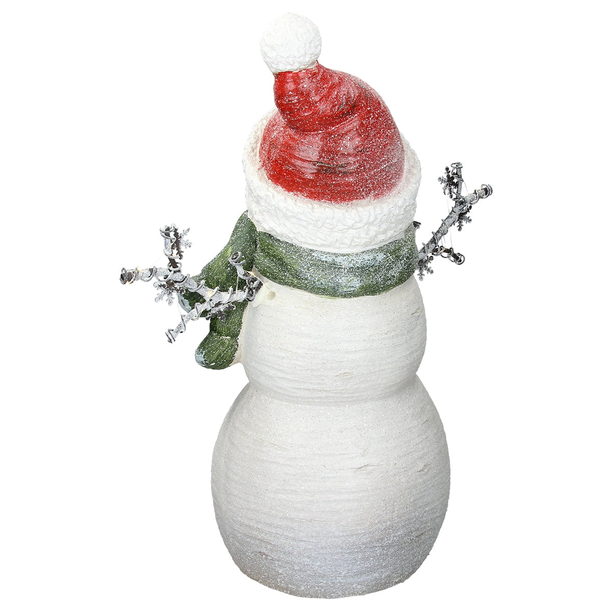 Ein Schneemann mit rotem Hut und grünem Schal, aus einem weißen Material.