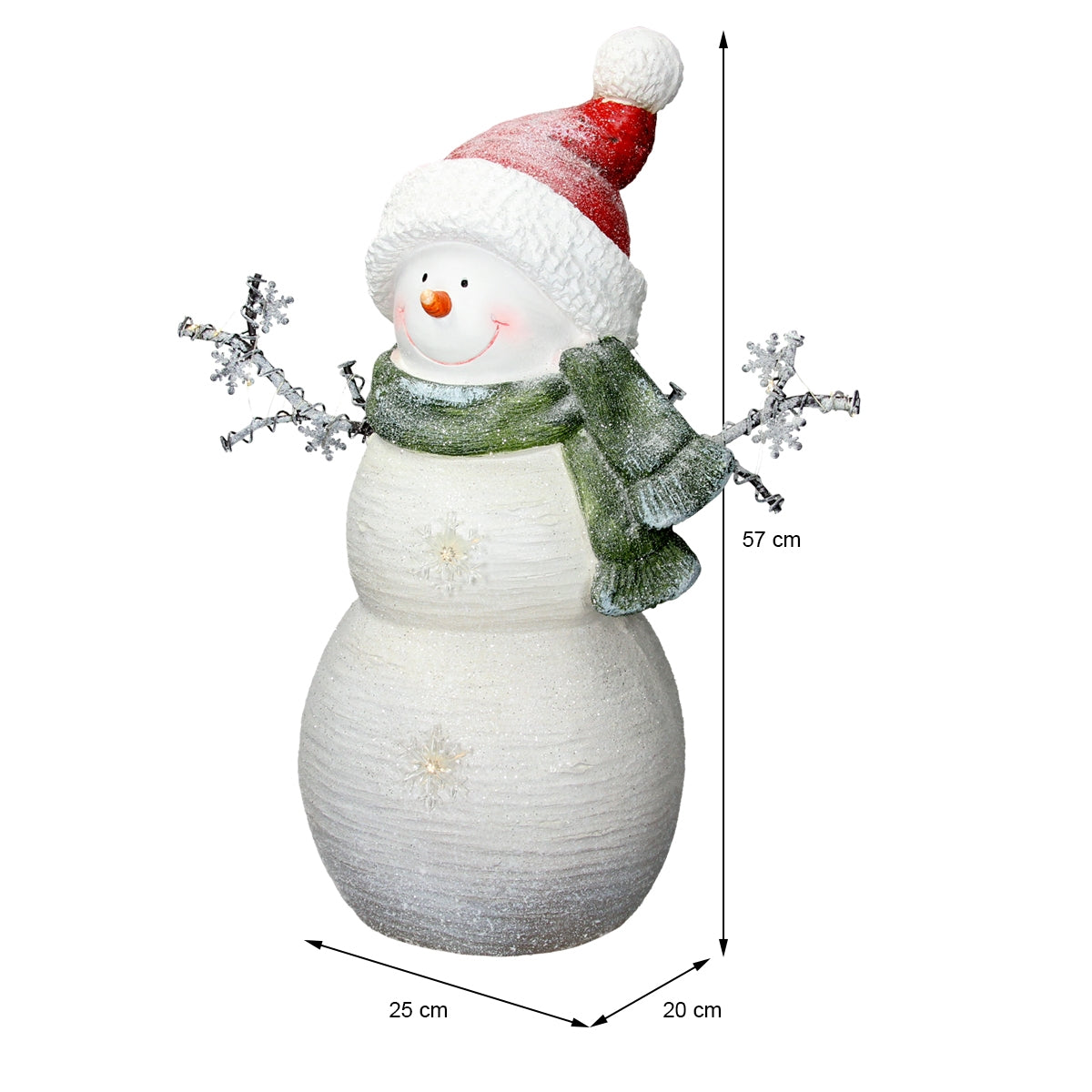Schneemann mit rotem Hut und grüner Schal, 57 cm hoch, auf weißem Hintergrund.