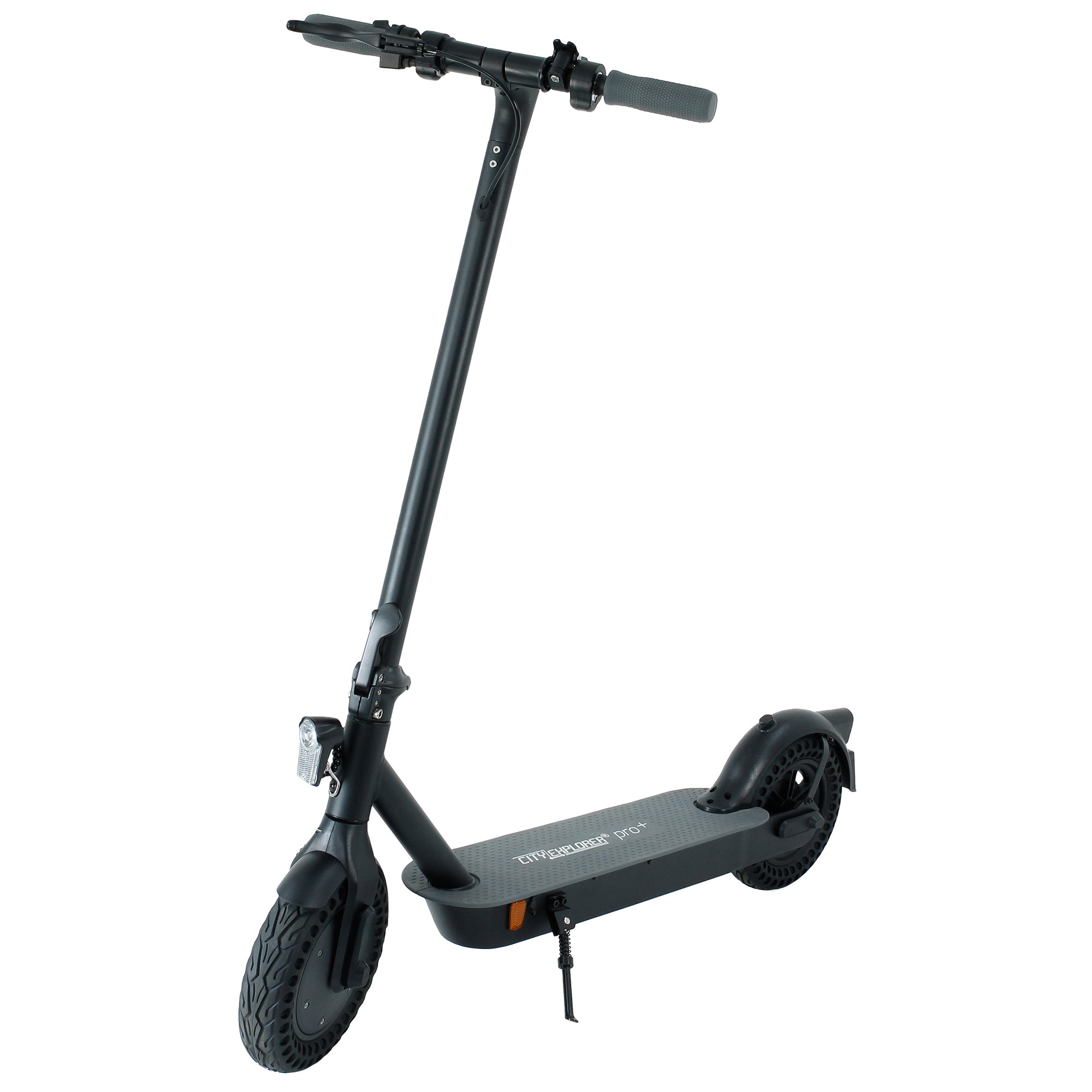 Patinete eléctrico negro con neumáticos anchos y un manillar.
