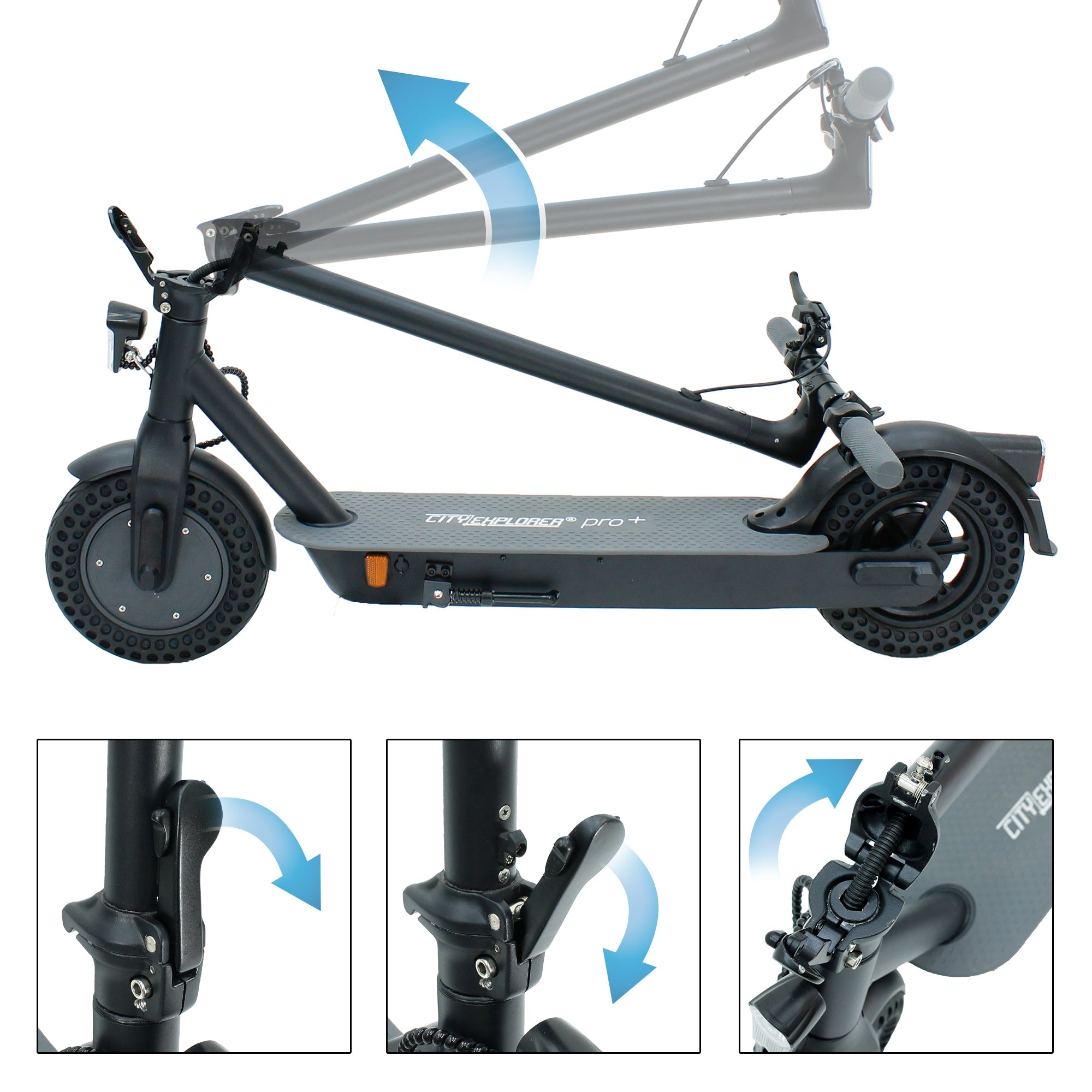 Un patinete eléctrico plegable en negro con un mecanismo de plegado.