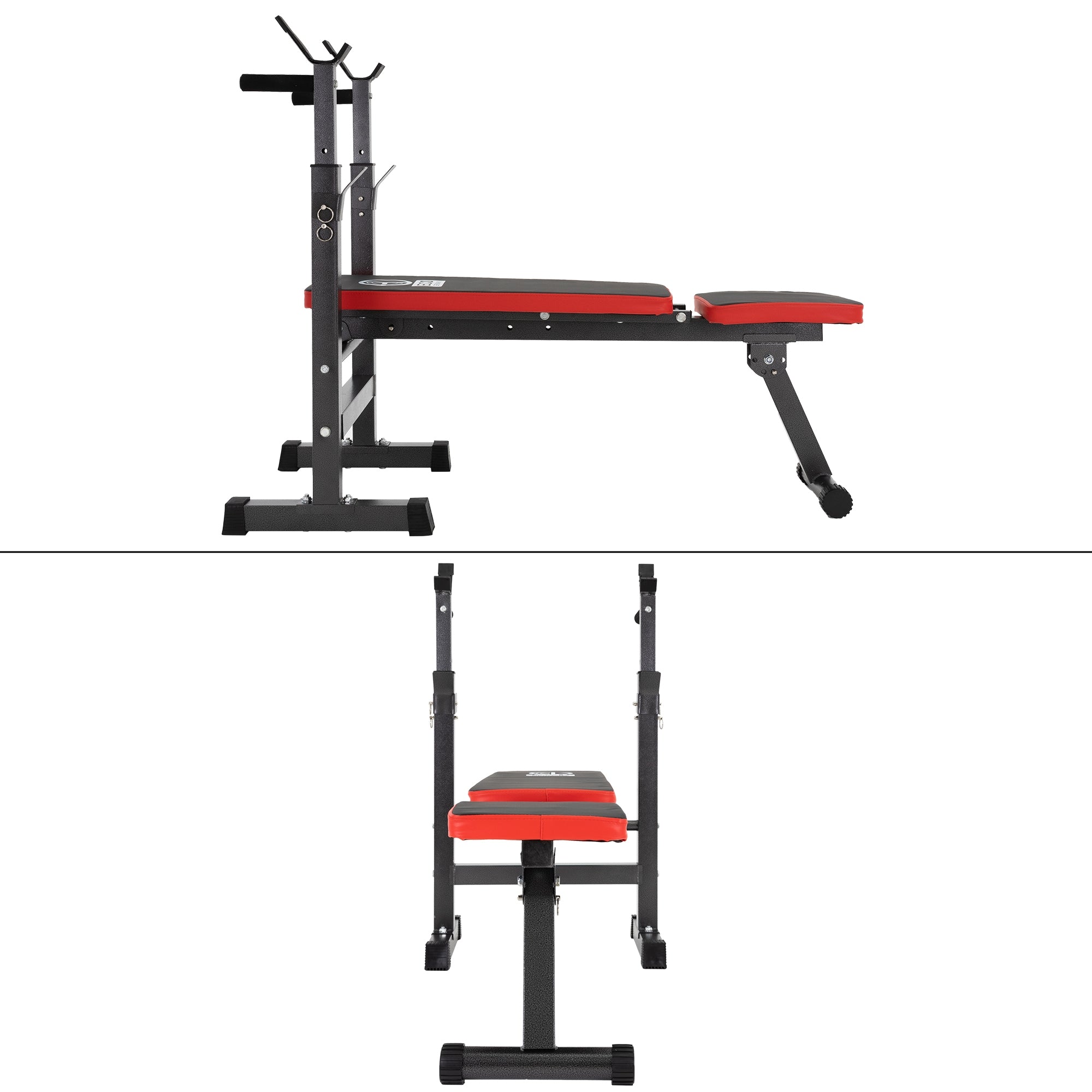 Schwarz-rotes Fitnessgerät mit einer Bank und Halterungen für Gewichte.