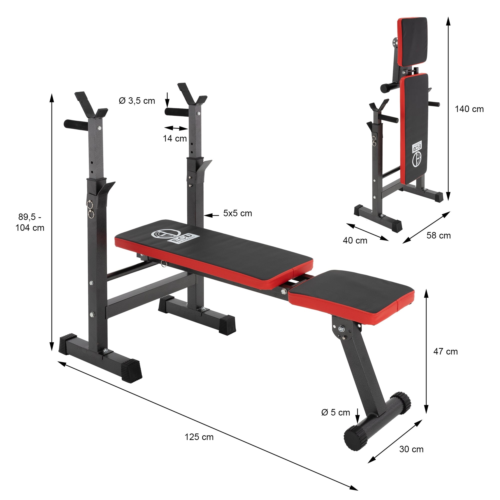 Fitnessbank mit verstellbarem Rückenlehne und Halterungen.