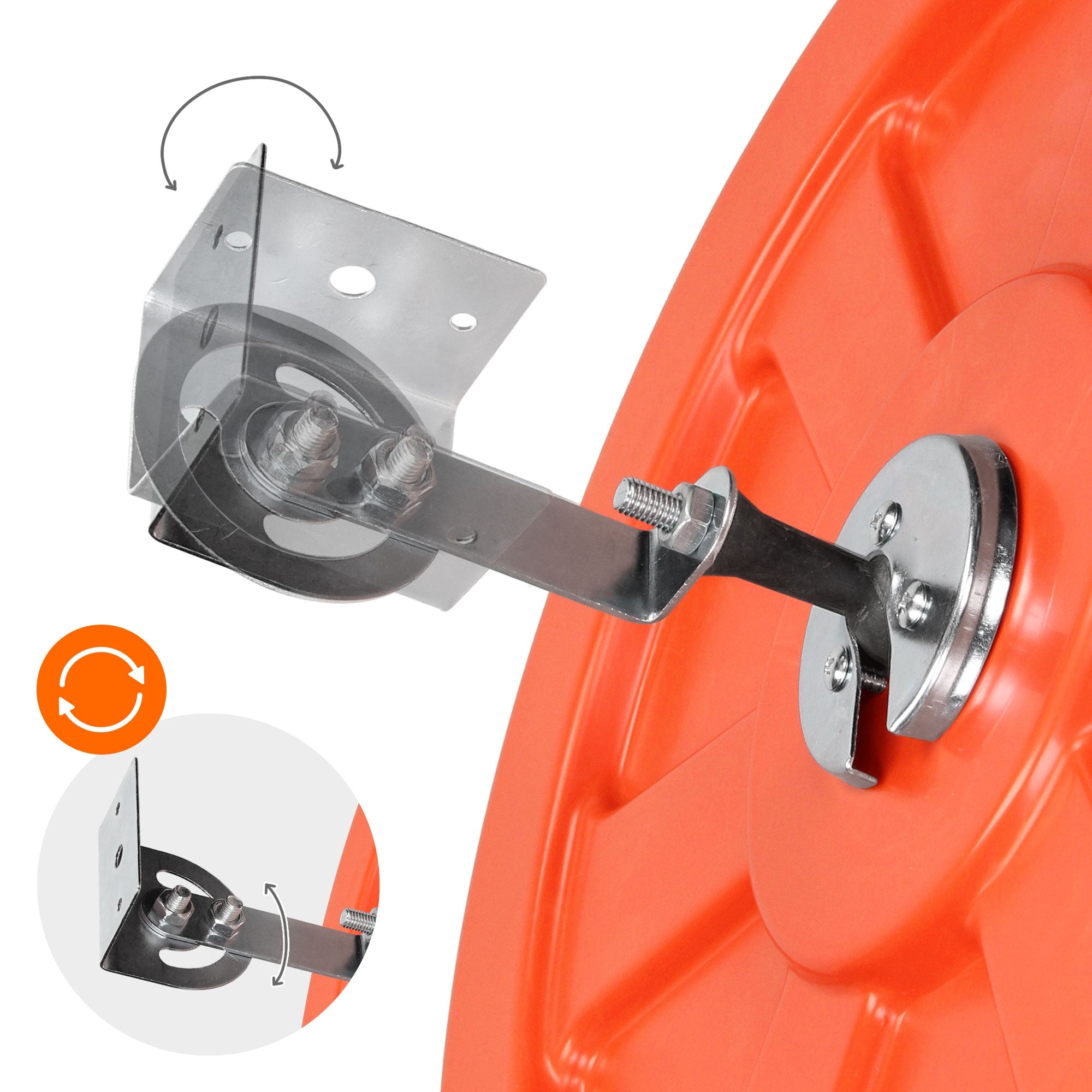 Oranges Rundobjekt mit einer Metallhalterung und einem drehbaren Mechanismus.