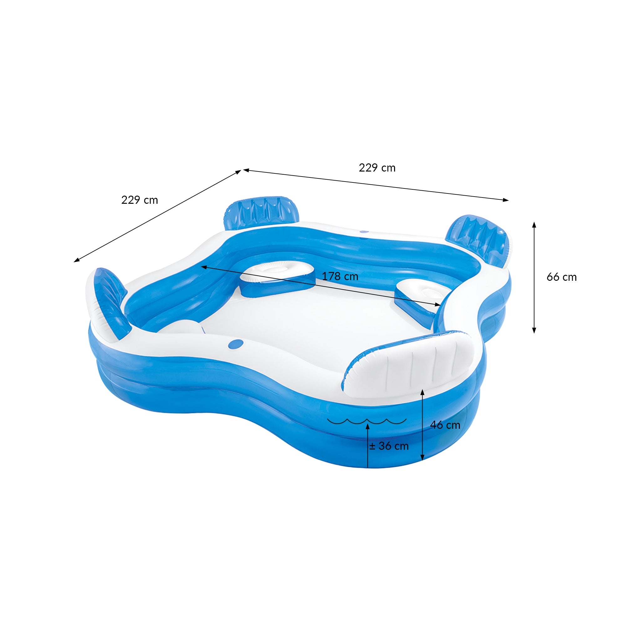Piscine gonflable en forme de bateau avec dimensions et détails.