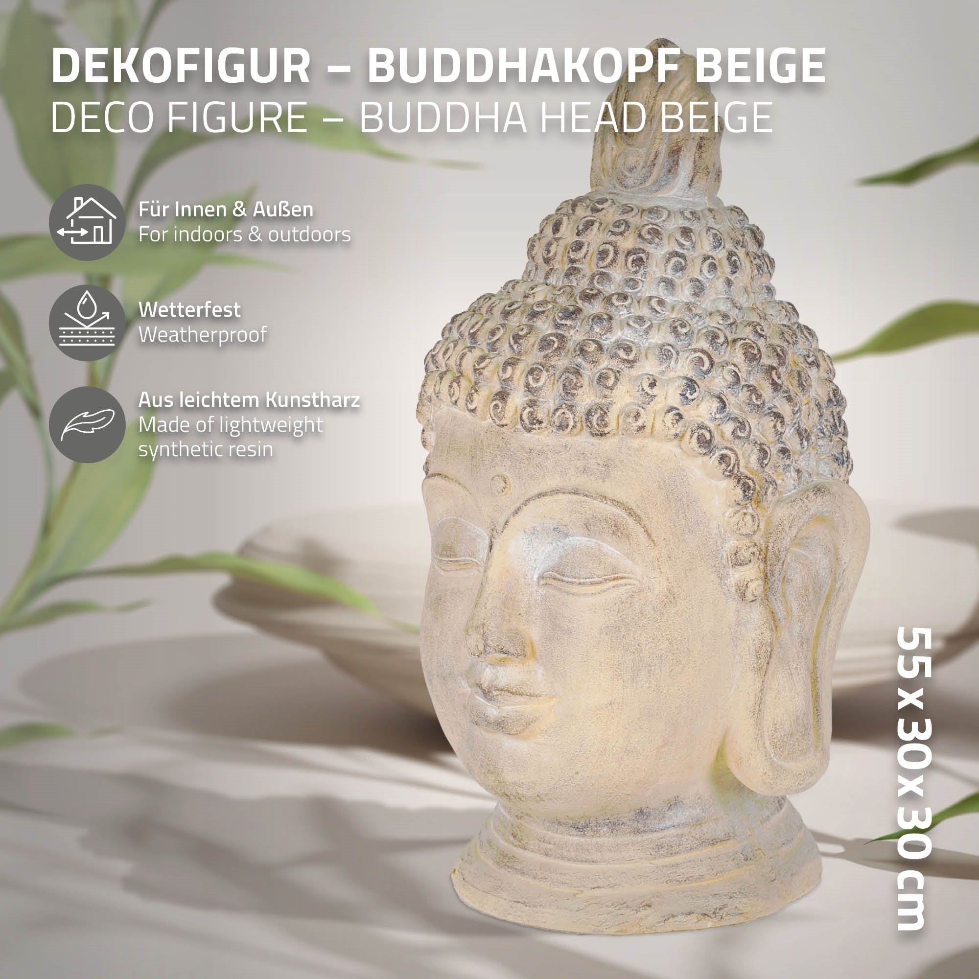 Buddha-Kopf beige, mit Produktinformationen und Maßen.