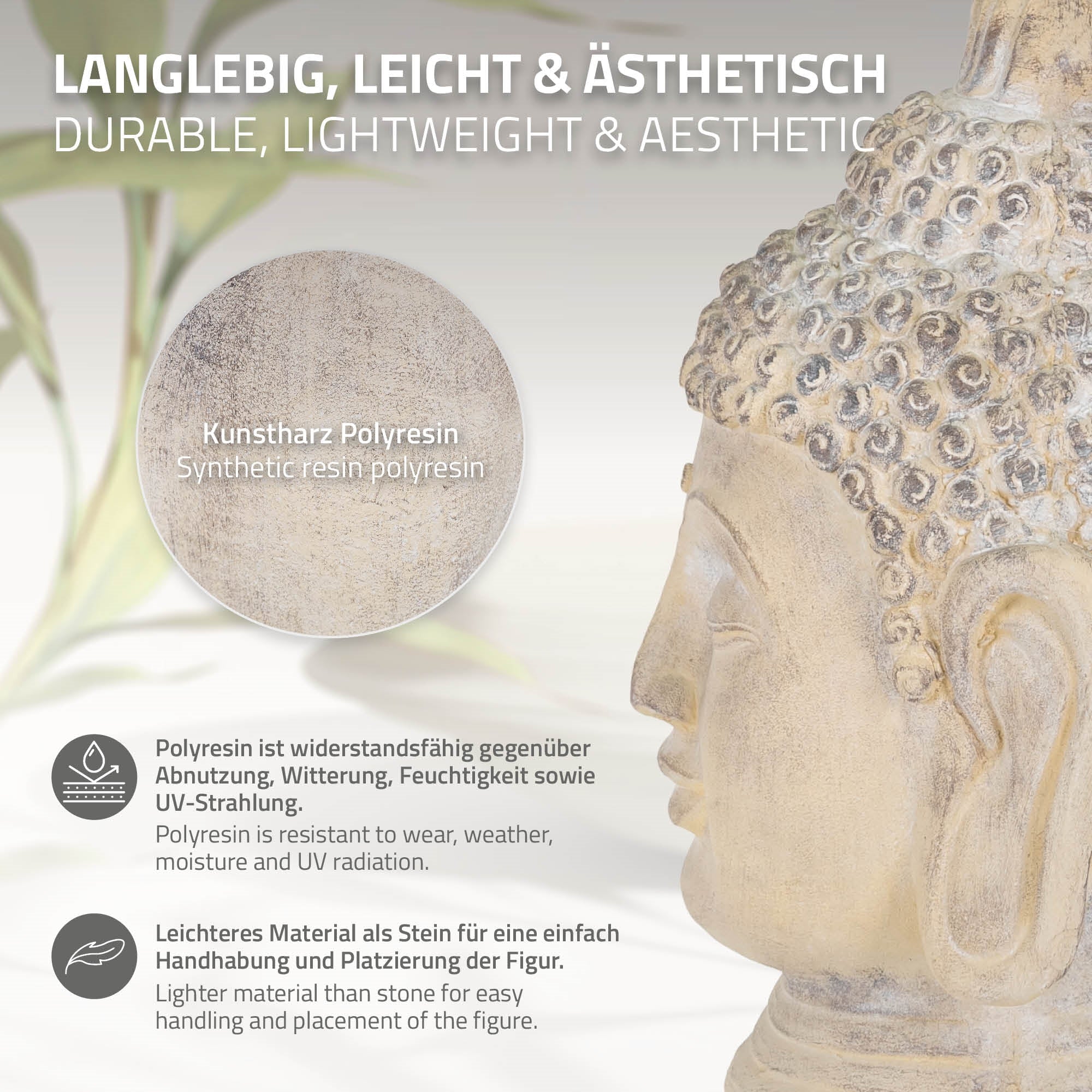 Buddha-Figur aus Polyresin mit Beschreibung zu Material und Eigenschaften.