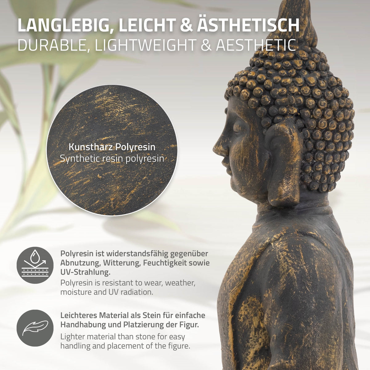 Nahaufnahme einer Buddha-Statue aus Kunstharz mit Text über Materialeigenschaften.