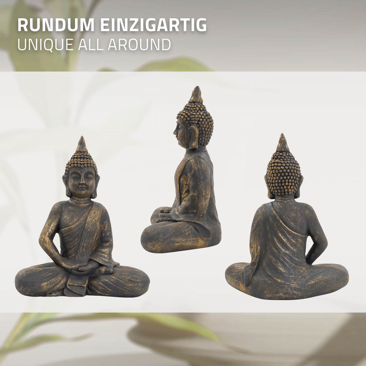 Drei Ansichten einer Buddha-Statue in Bronzeoptik, sitzend und meditierend.
