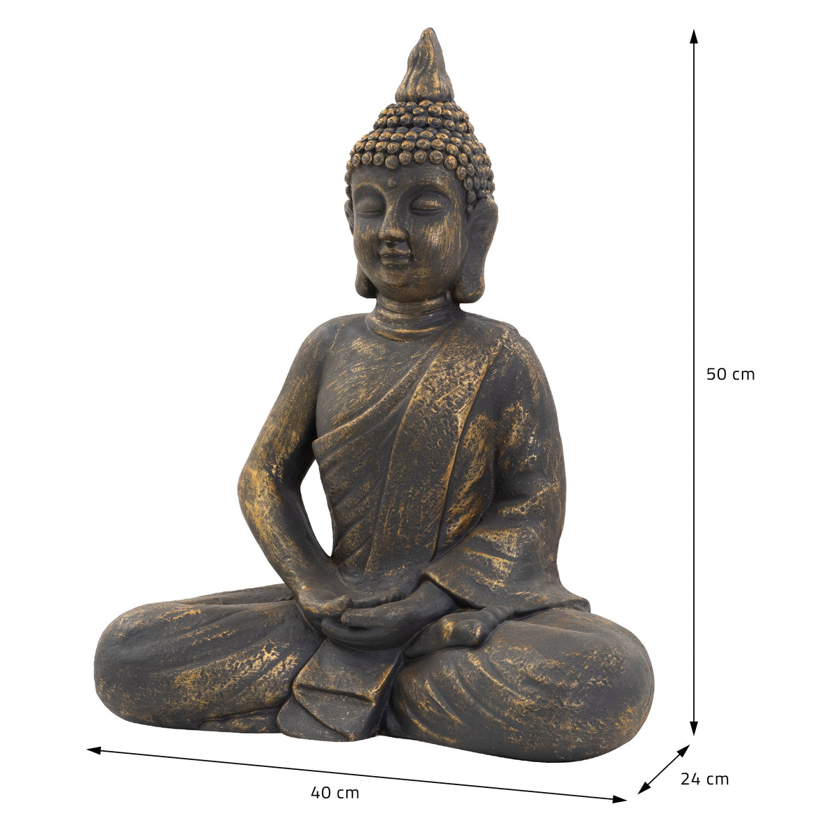 Buddha-Figur aus Kunstharz, sitzend, Maße: 40 cm x 50 cm x 24 cm.
