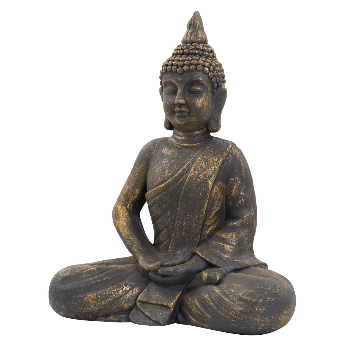 Buddha-Figur aus Kunstharz, sitzend, seitliche Ansicht.
